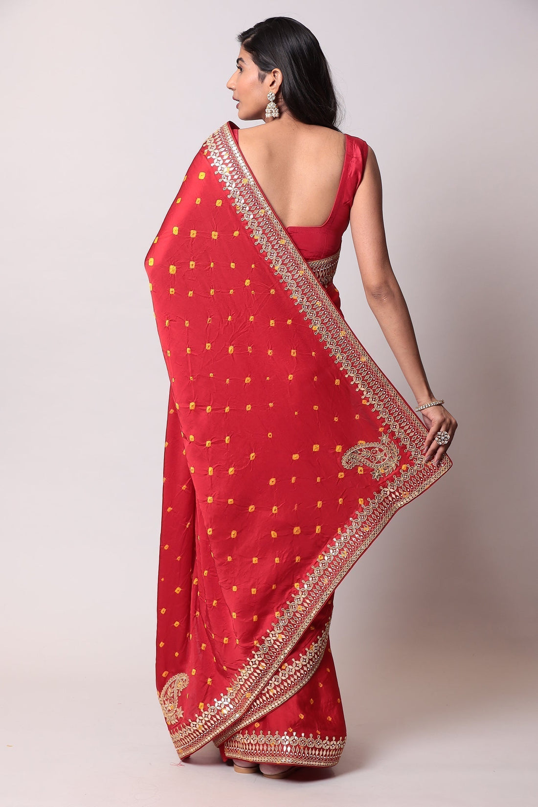 Bandhej Satin silk Saree with Gota Patti work.