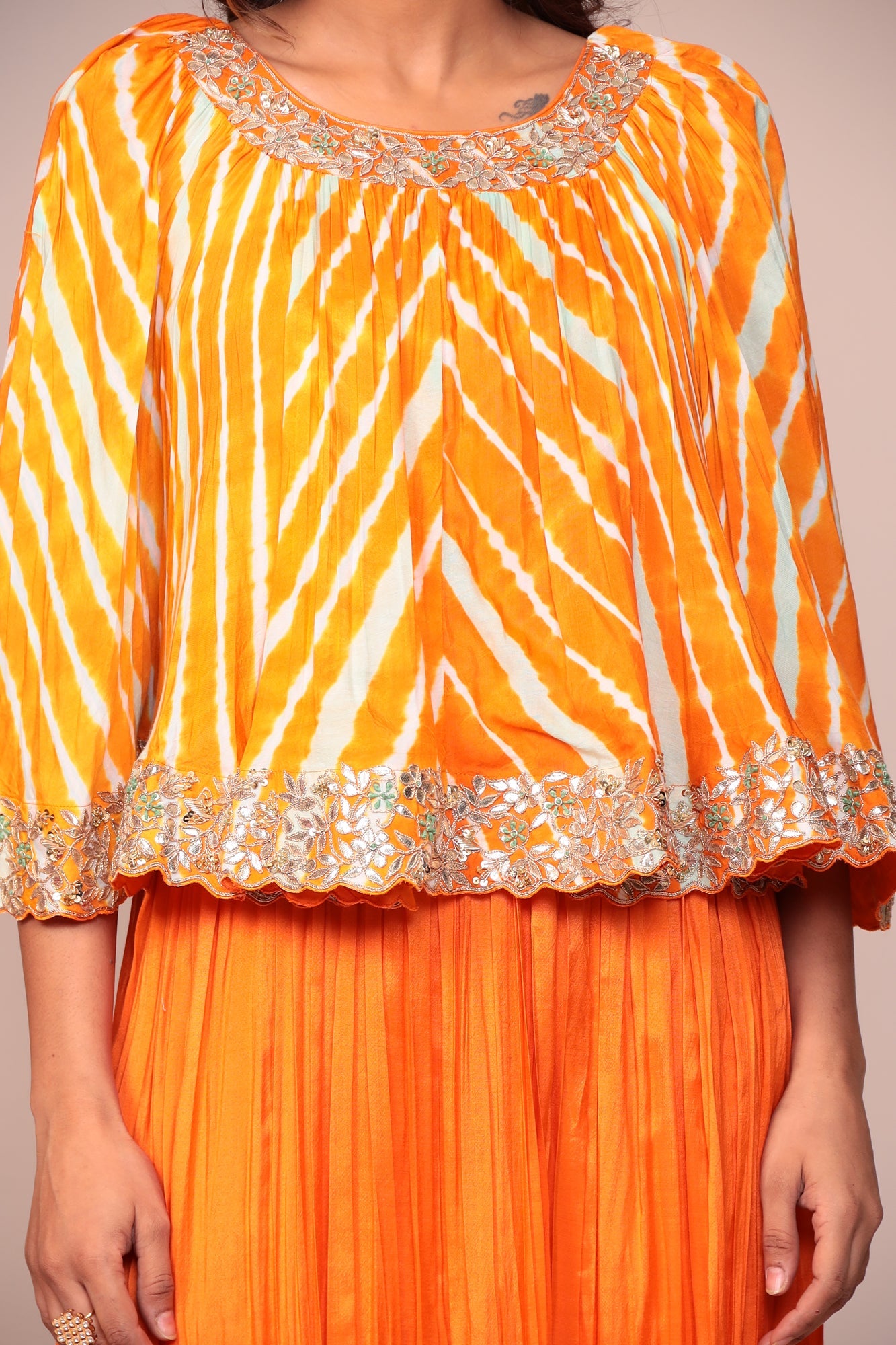 Leheriya Cotton Silk Jump Suit with Gota Patti and Thread Work.