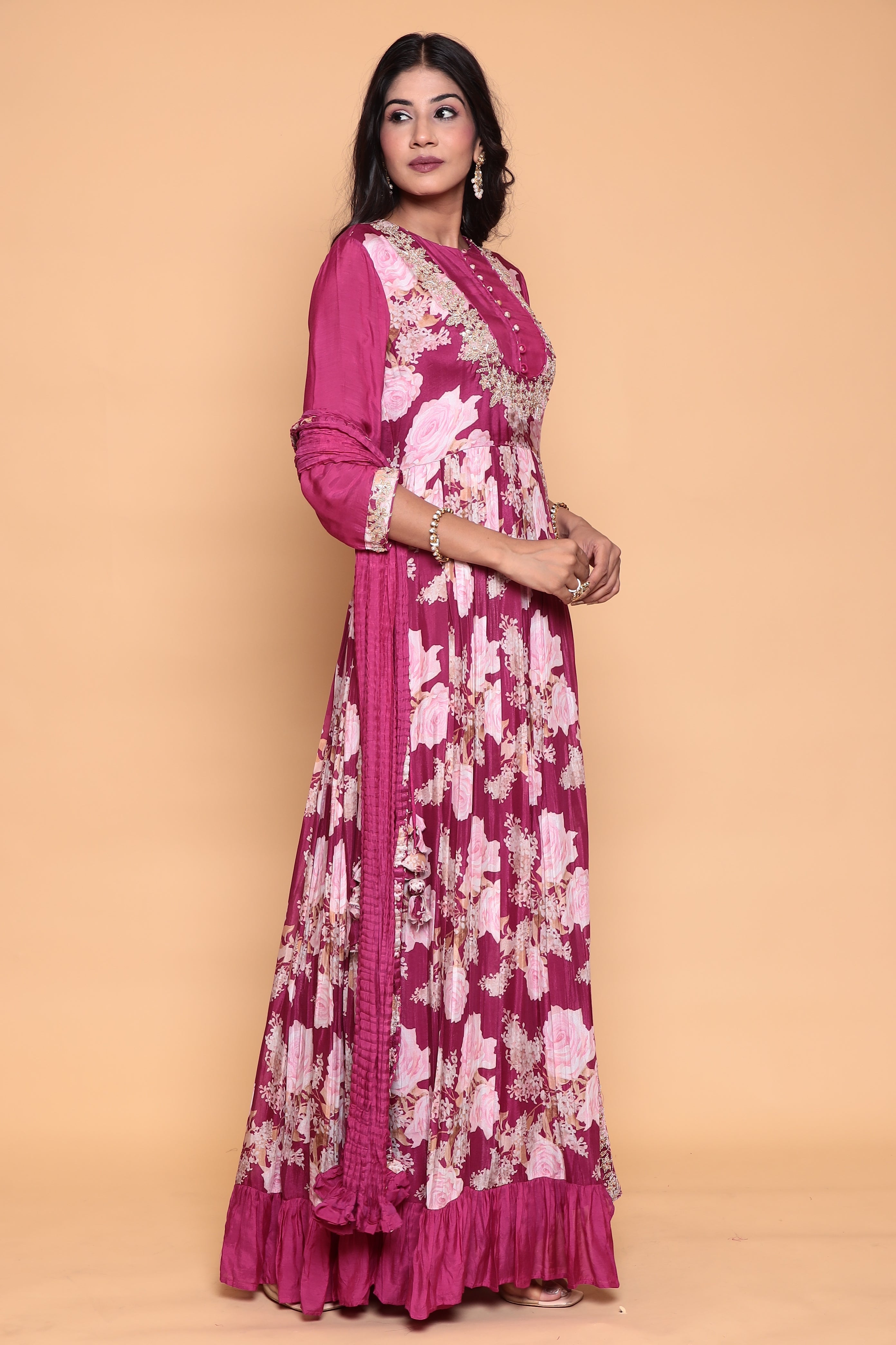 Printed Flared Anarkali Cotton Silk Suit with Zardozi work.
