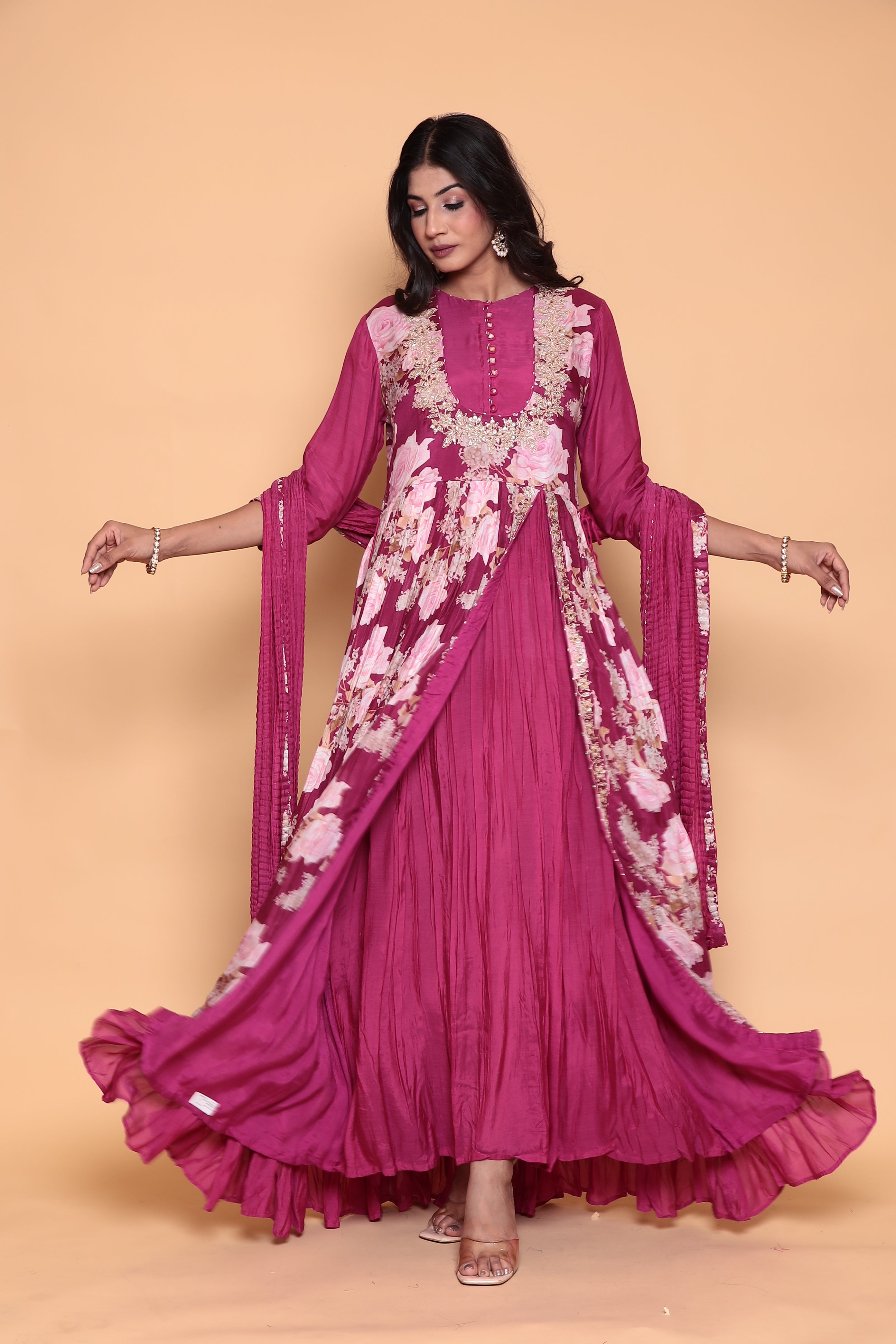 Printed Flared Anarkali Cotton Silk Suit with Zardozi work.