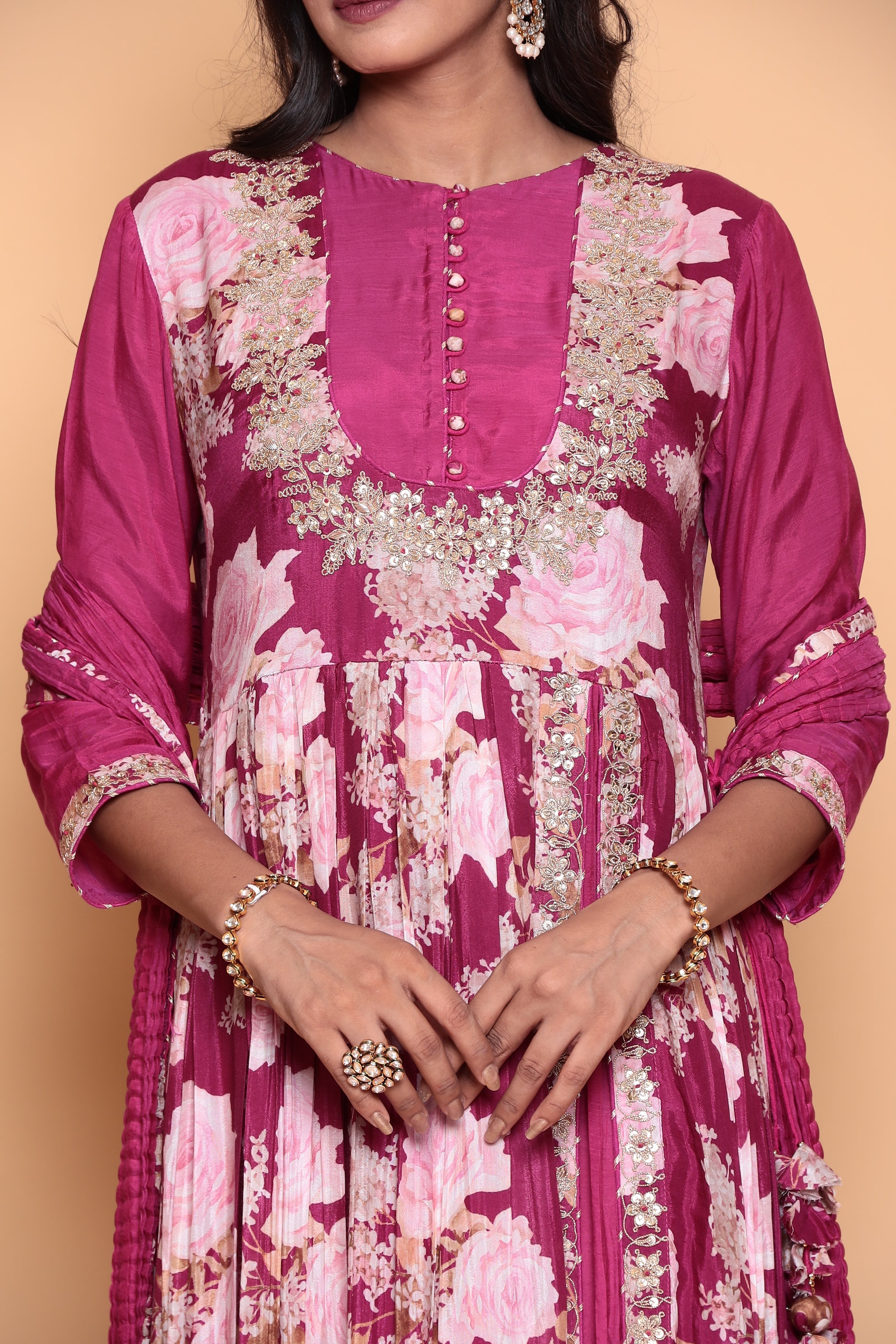 Printed Flared Anarkali Cotton Silk Suit with Zardozi work.