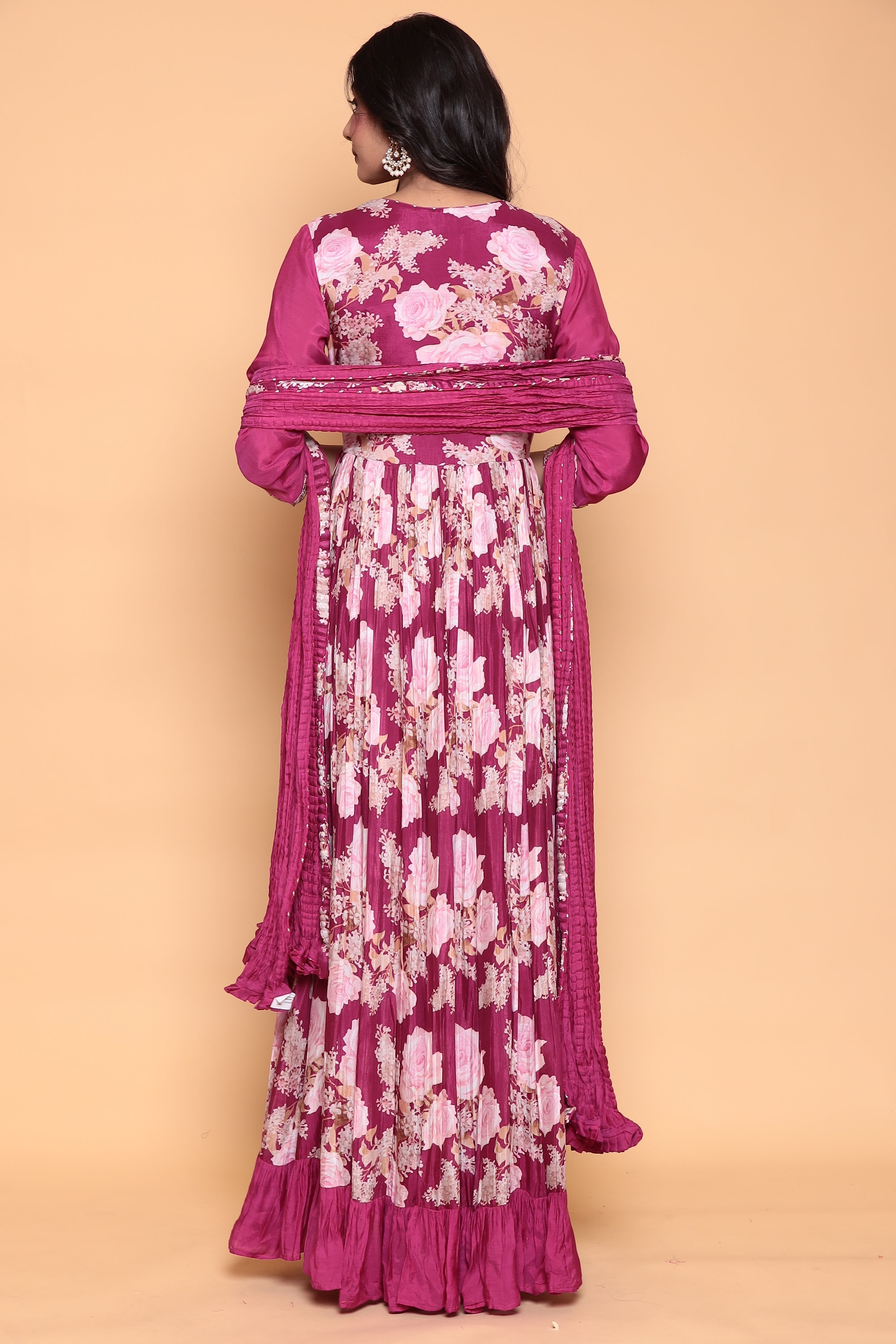 Printed Flared Anarkali Cotton Silk Suit with Zardozi work.