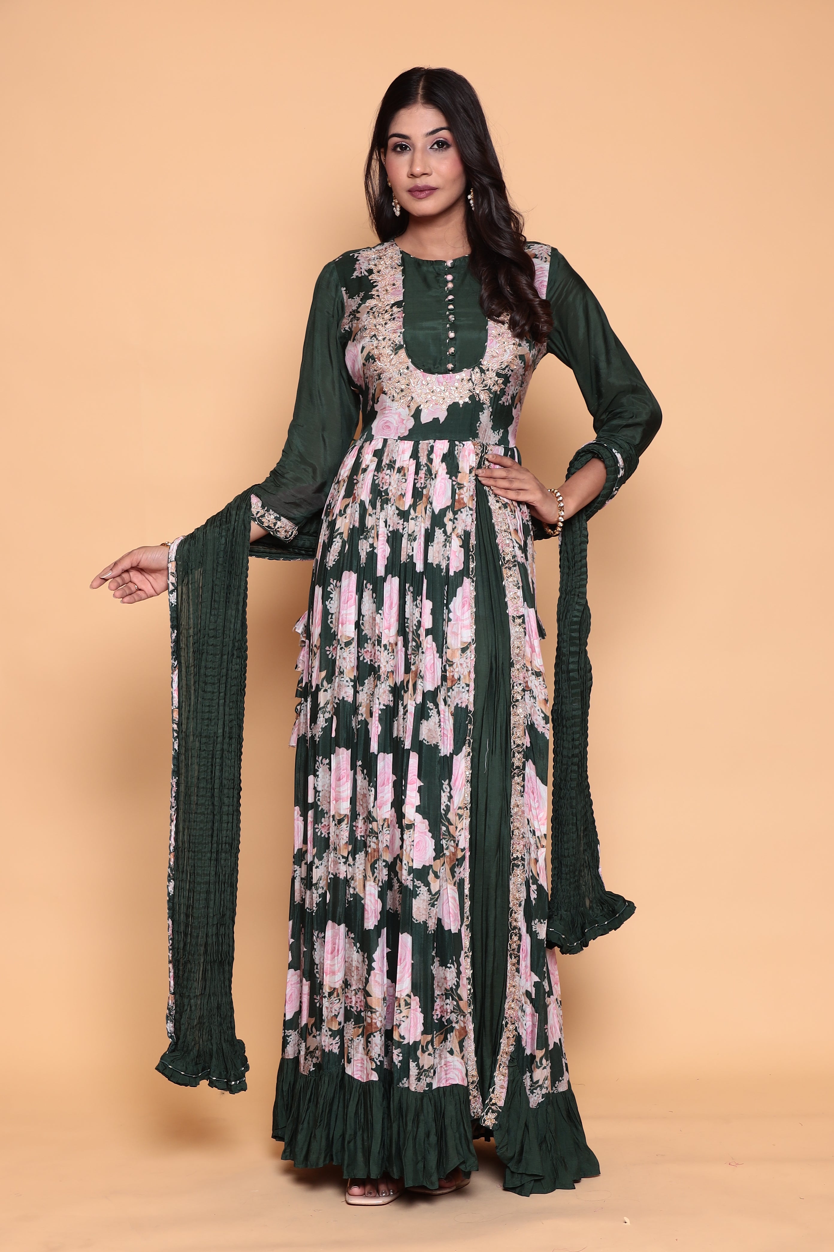 Printed Flared Anarkali Cotton Silk Suit with Zardozi work.