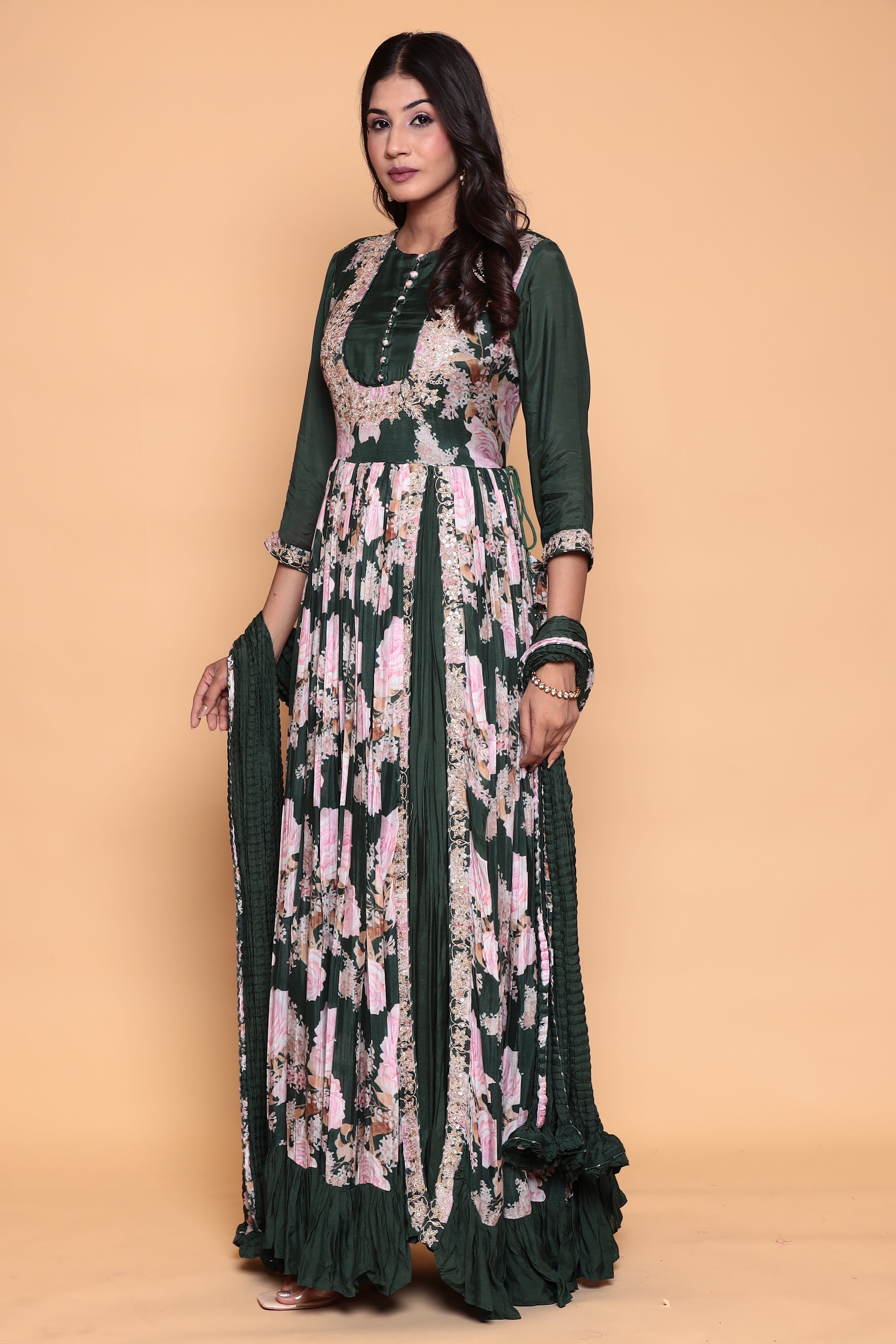 Printed Flared Anarkali Cotton Silk Suit with Zardozi work.