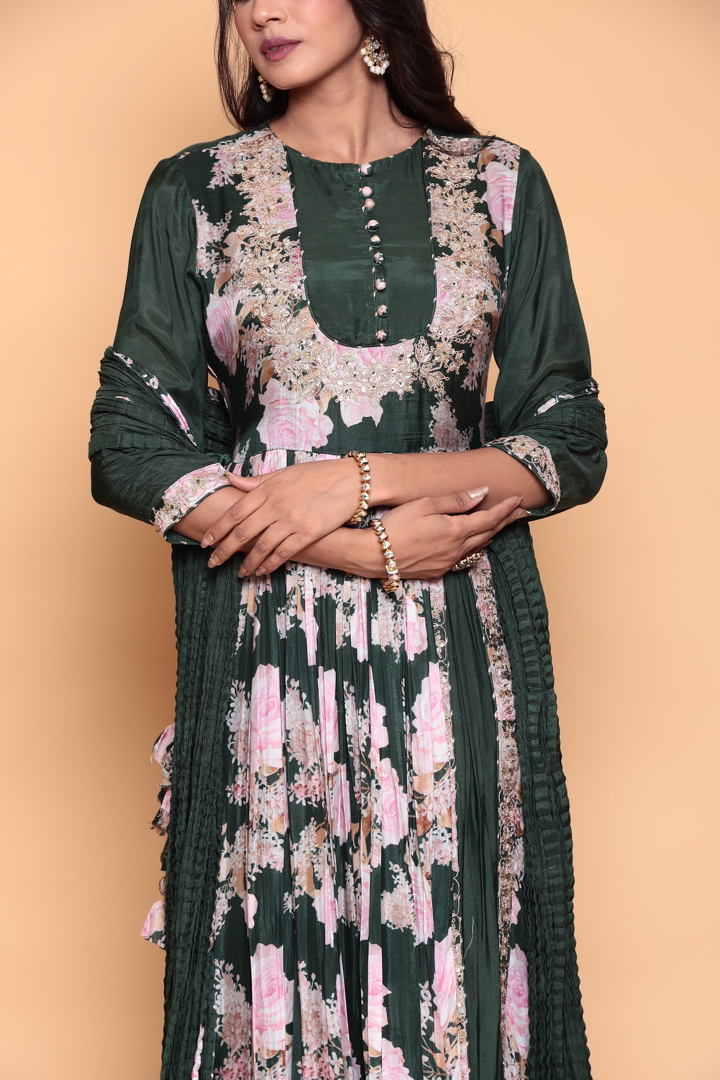 Printed Flared Anarkali Cotton Silk Suit with Zardozi work.