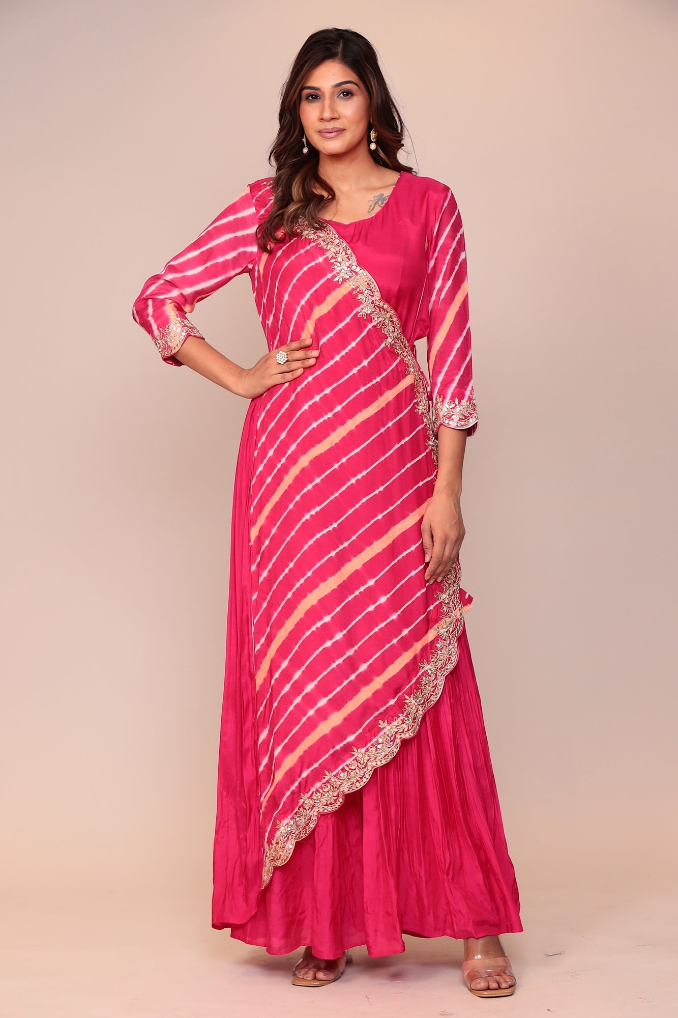 Leheriya Overlapping Style Cotton Silk Jump Suit with Gota Patti, Pearl and Thread work.