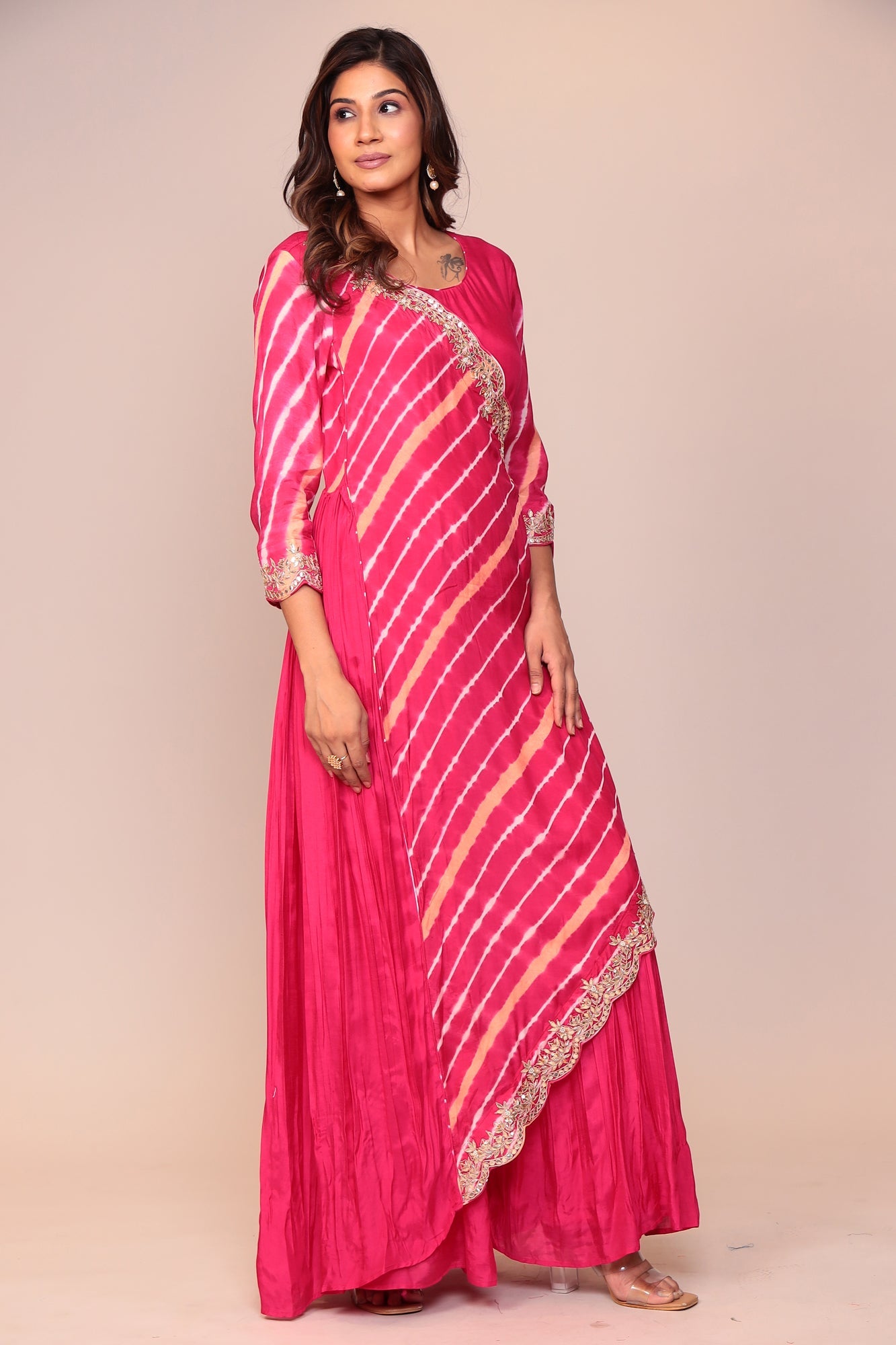 Leheriya Overlapping Style Cotton Silk Jump Suit with Gota Patti, Pearl and Thread work.