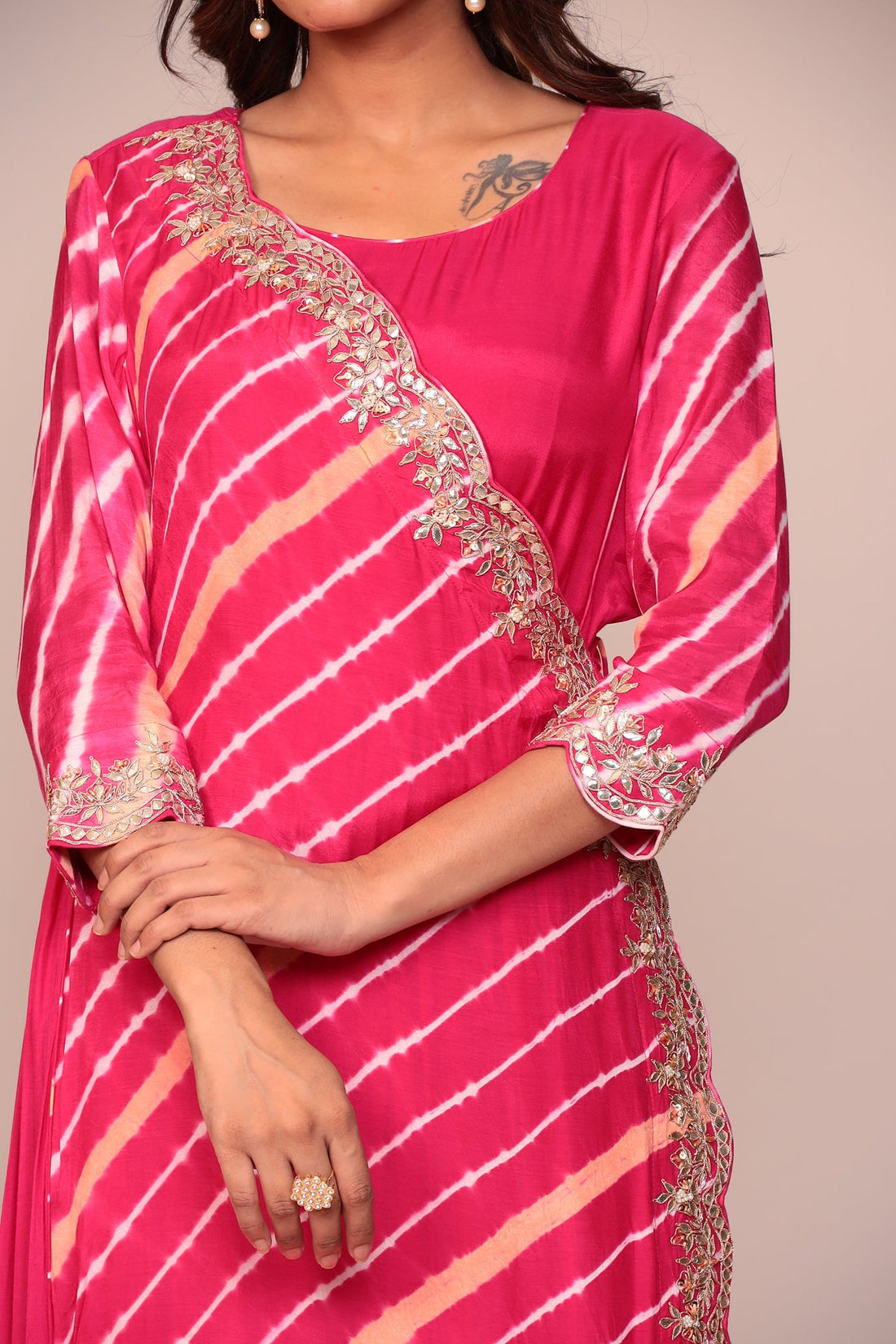 Leheriya Overlapping Style Cotton Silk Jump Suit with Gota Patti, Pearl and Thread work.