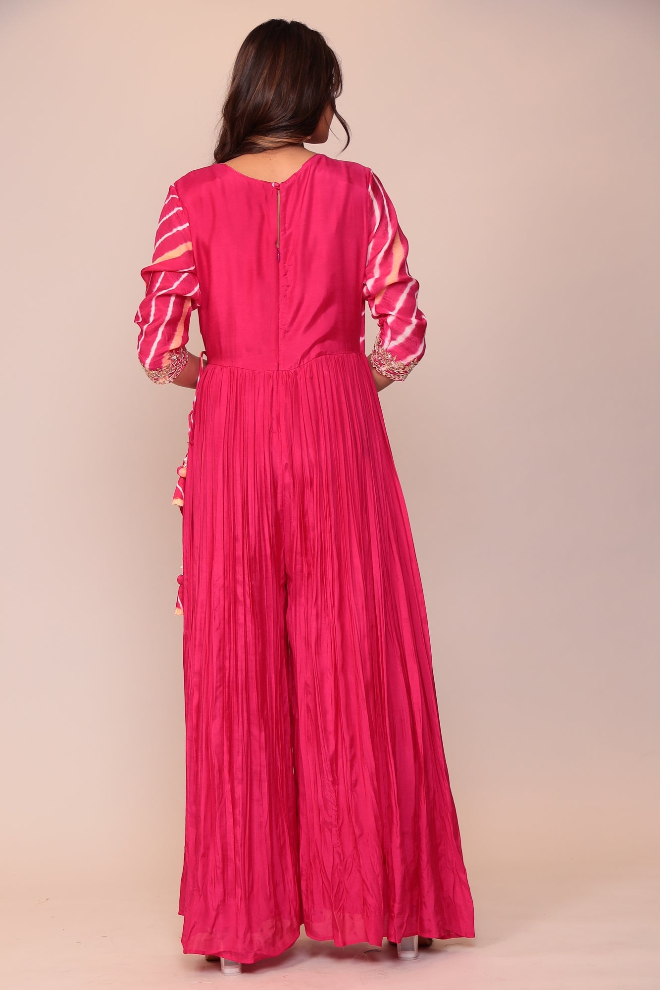 Leheriya Overlapping Style Cotton Silk Jump Suit with Gota Patti, Pearl and Thread work.