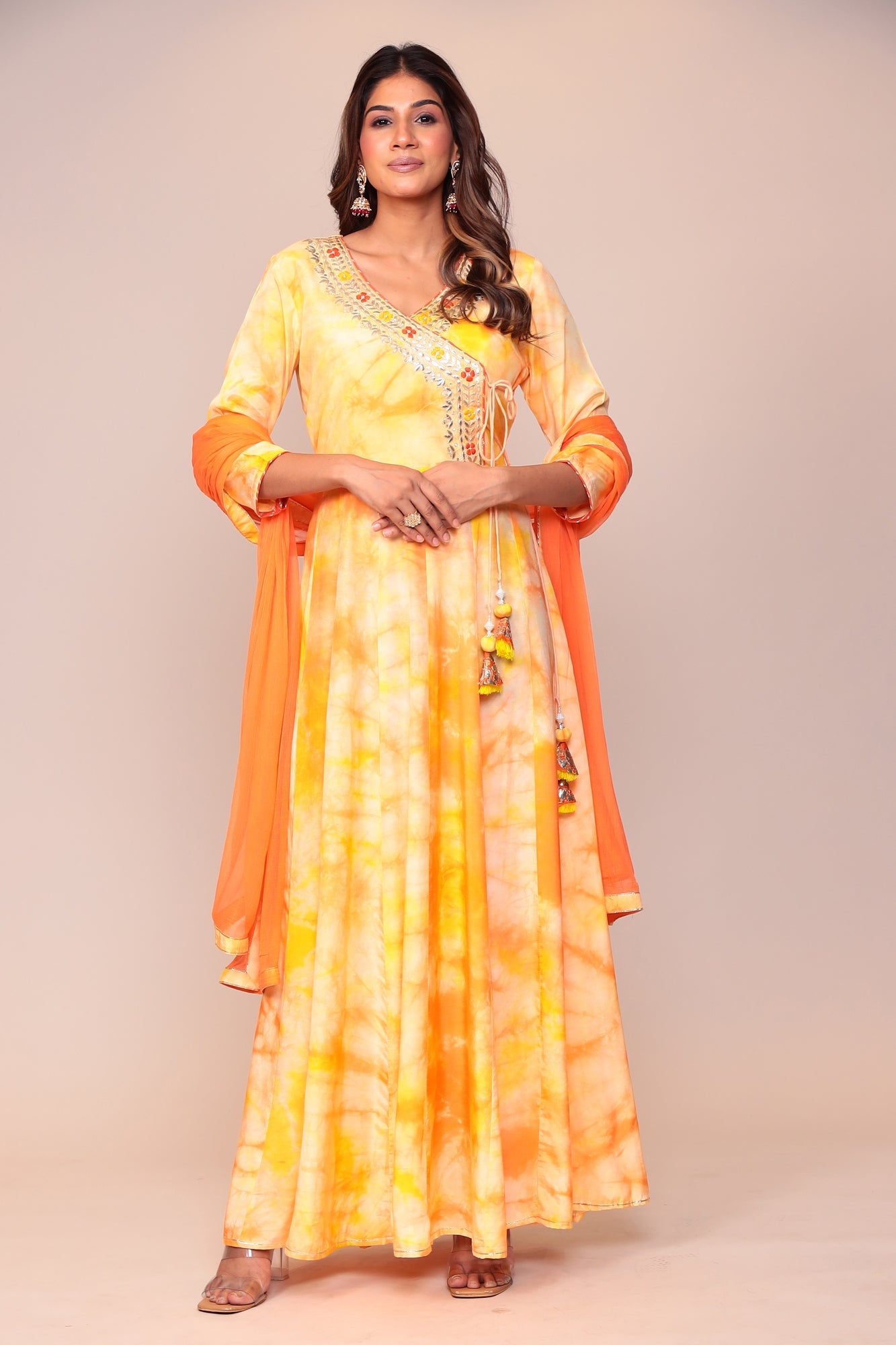 Tie & Dye Angrakha Style Silk Suit with Gota Patti and Thread Work.