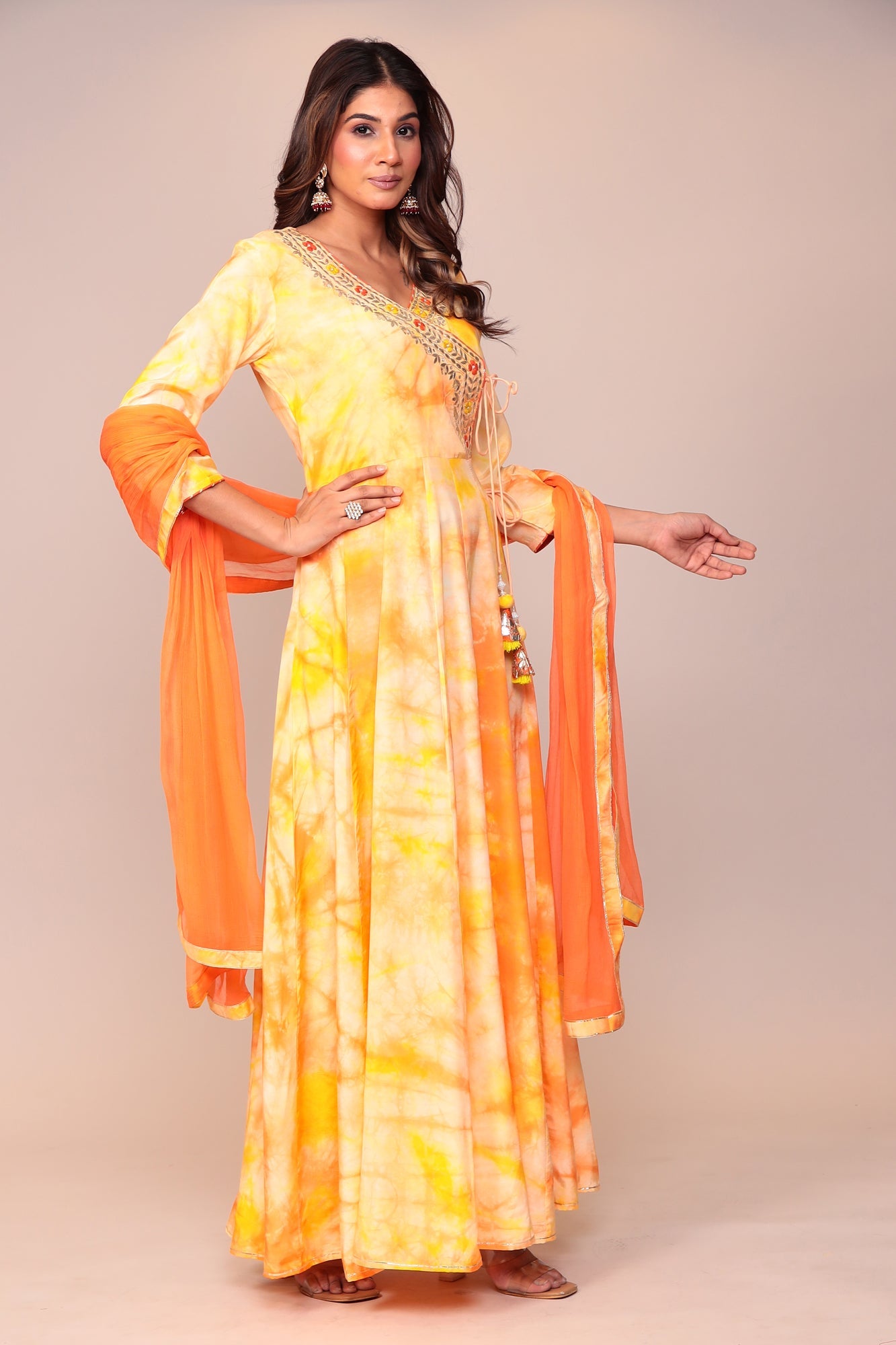 Tie & Dye Angrakha Style Silk Suit with Gota Patti and Thread Work.