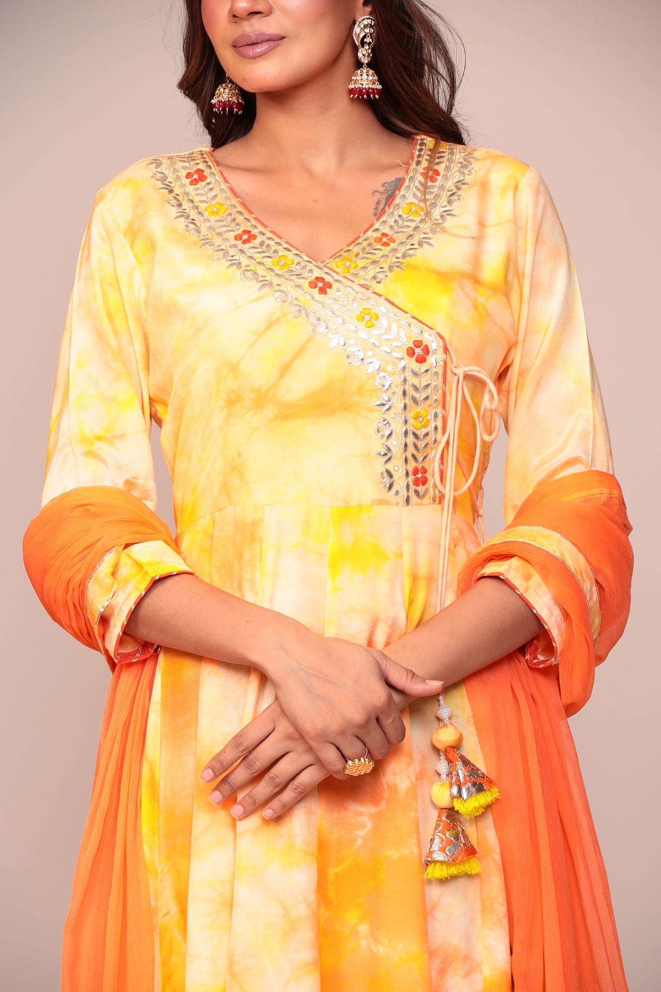 Tie & Dye Angrakha Style Silk Suit with Gota Patti and Thread Work.