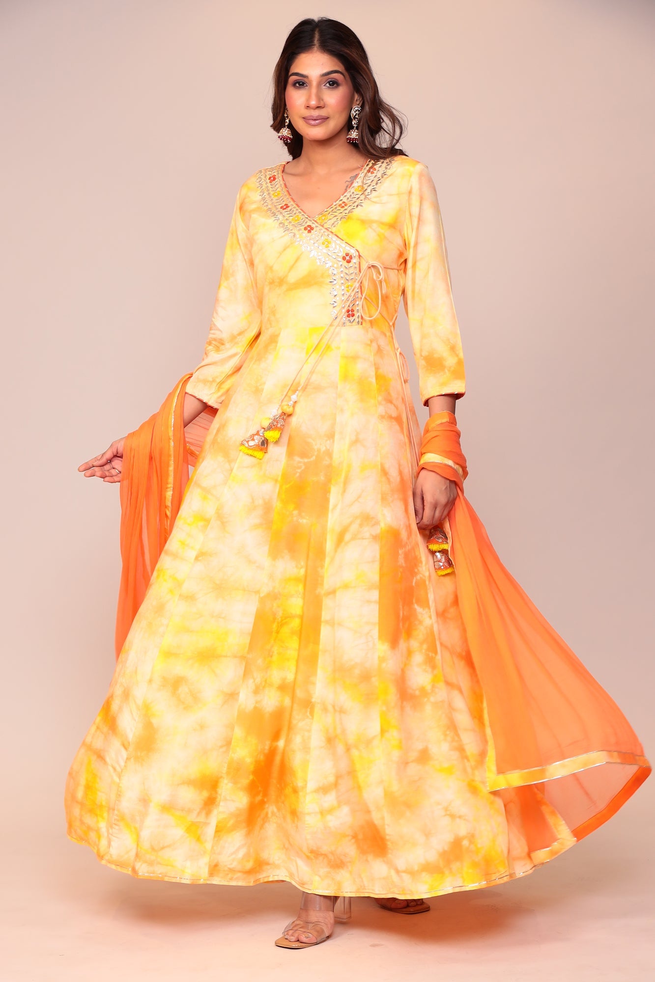 Tie & Dye Angrakha Style Silk Suit with Gota Patti and Thread Work.