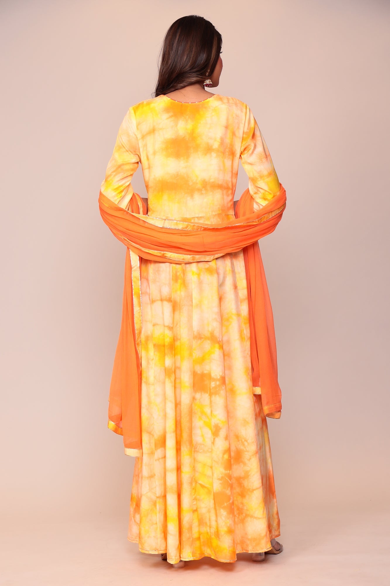 Tie & Dye Angrakha Style Silk Suit with Gota Patti and Thread Work.