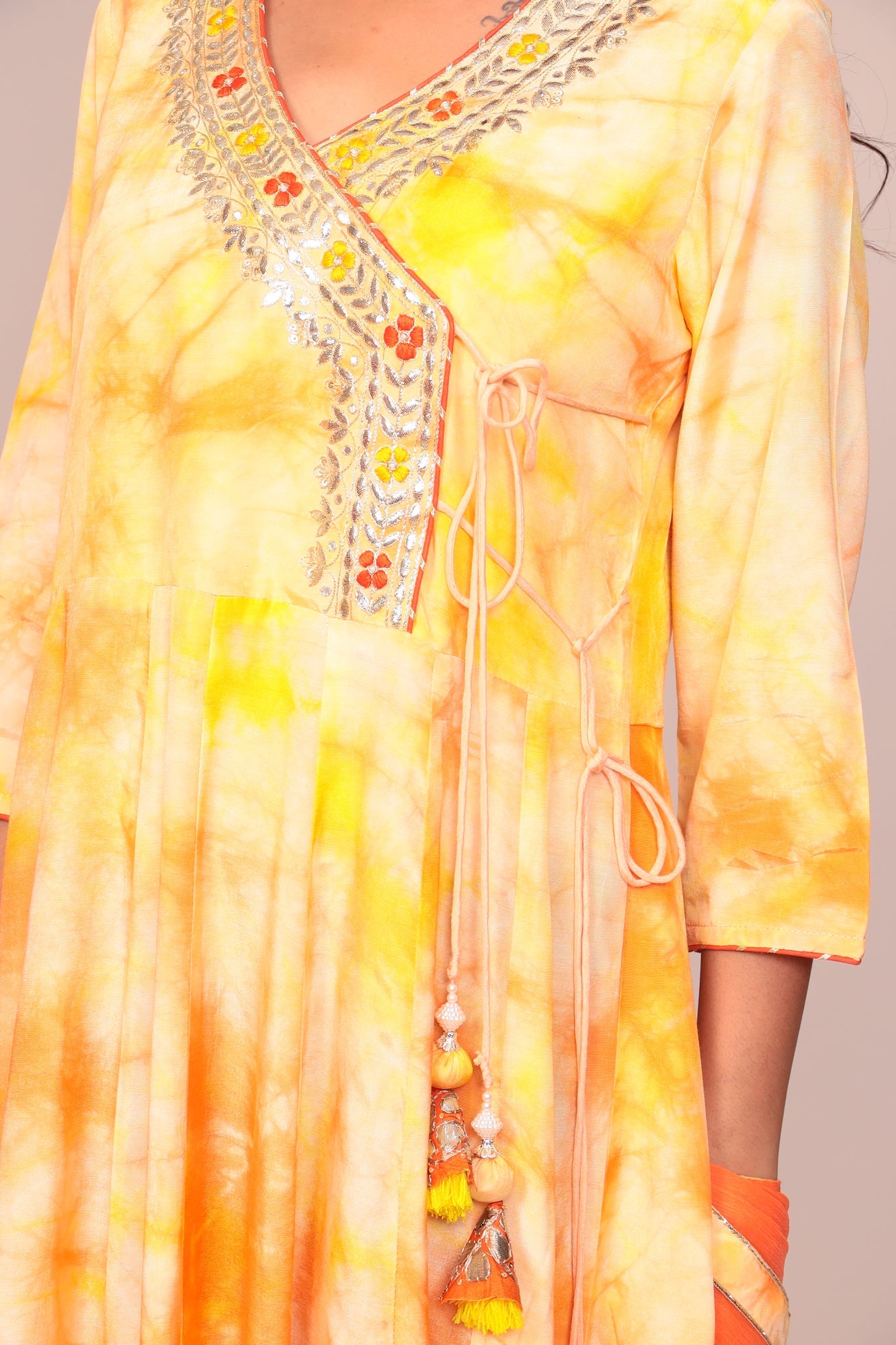 Tie & Dye Angrakha Style Silk Suit with Gota Patti and Thread Work.