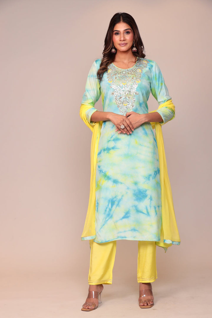 Tie & Dye Silk Suit with Gota Patti and Thread Work.