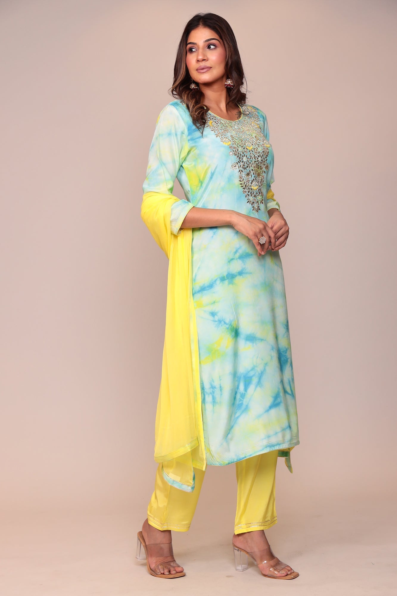 Tie & Dye Silk Suit with Gota Patti and Thread Work.