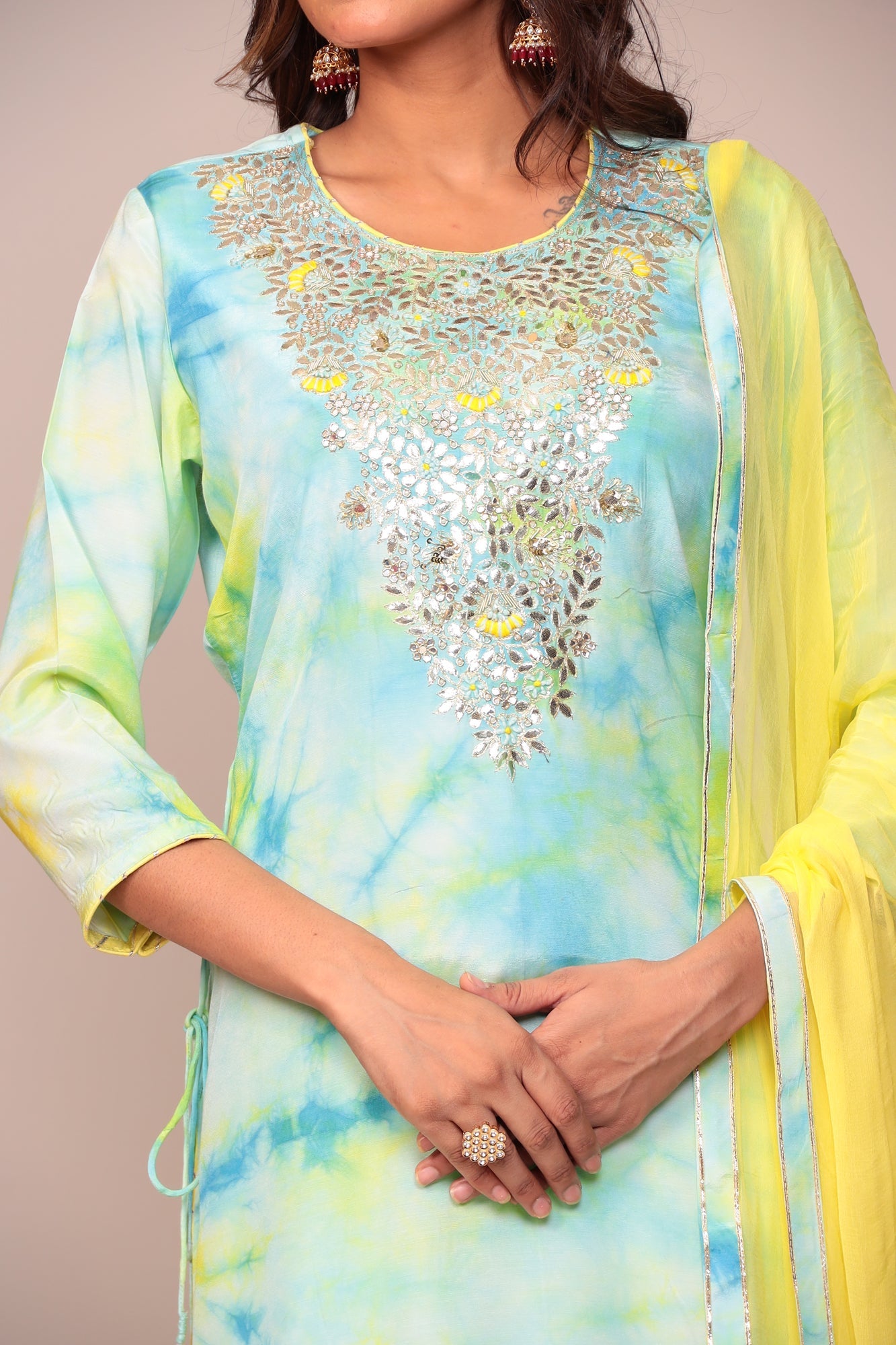 Tie & Dye Silk Suit with Gota Patti and Thread Work.
