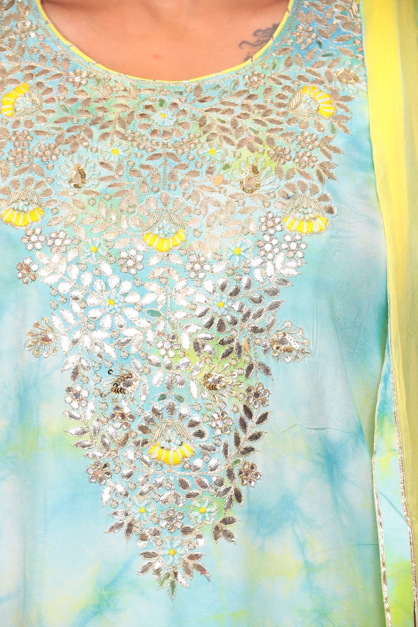 Tie & Dye Silk Suit with Gota Patti and Thread Work.