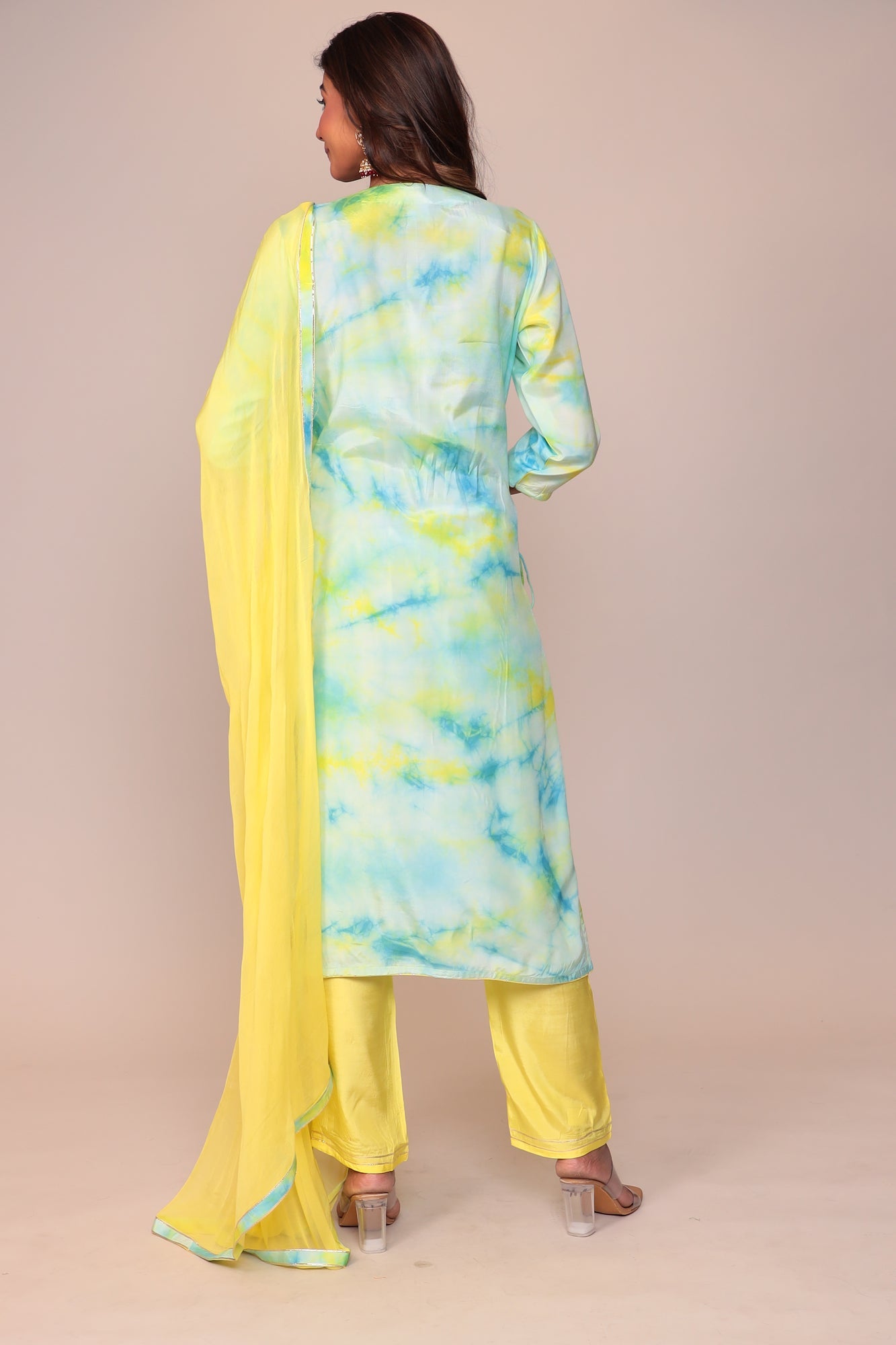 Tie & Dye Silk Suit with Gota Patti and Thread Work.