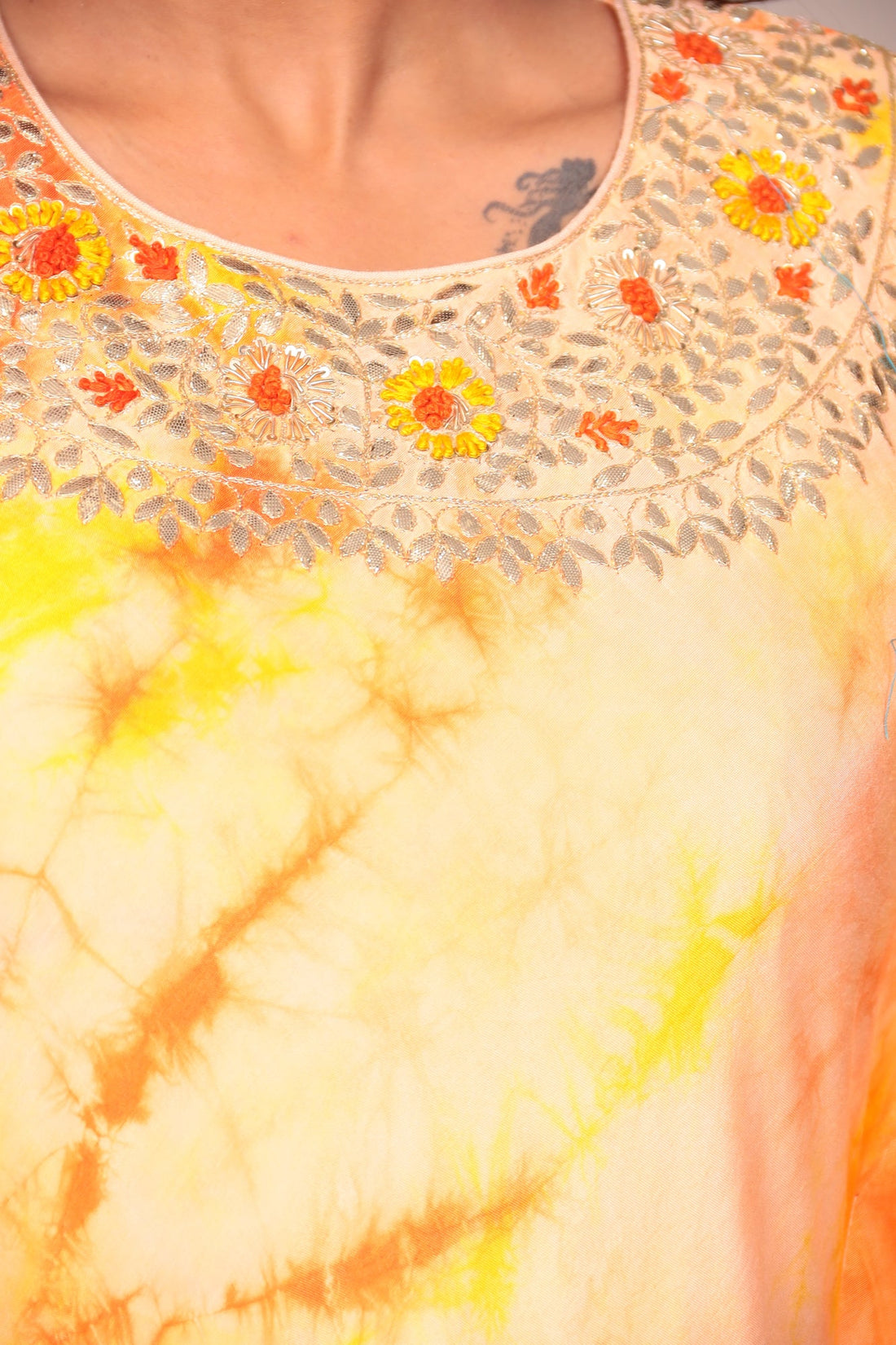 Tie & Dye Silk Kaftan (2Pcs) with Gota Patti and Thread Work.