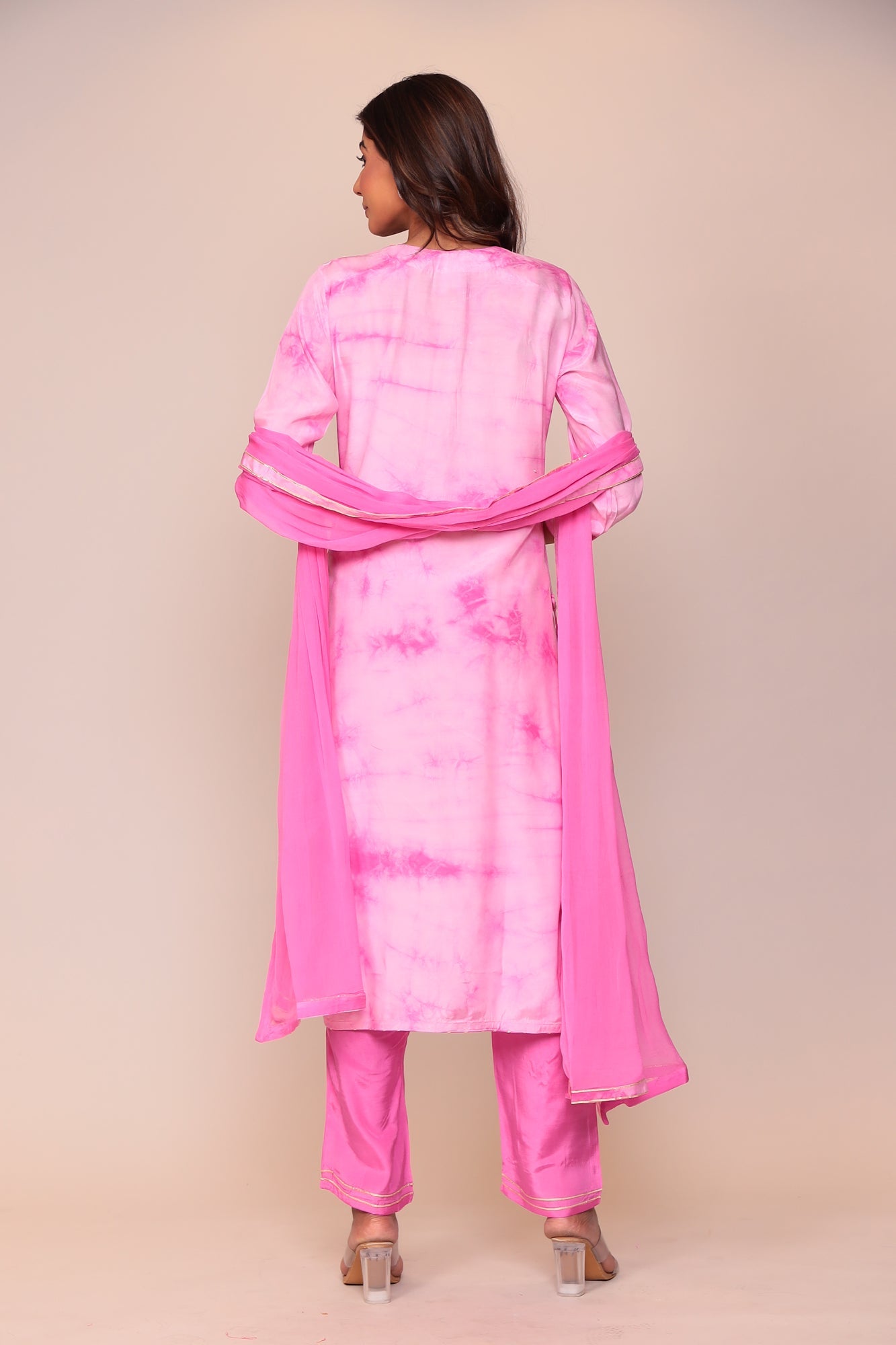 Tie & Dye Silk Suit with Gota Patti and Thread Work.