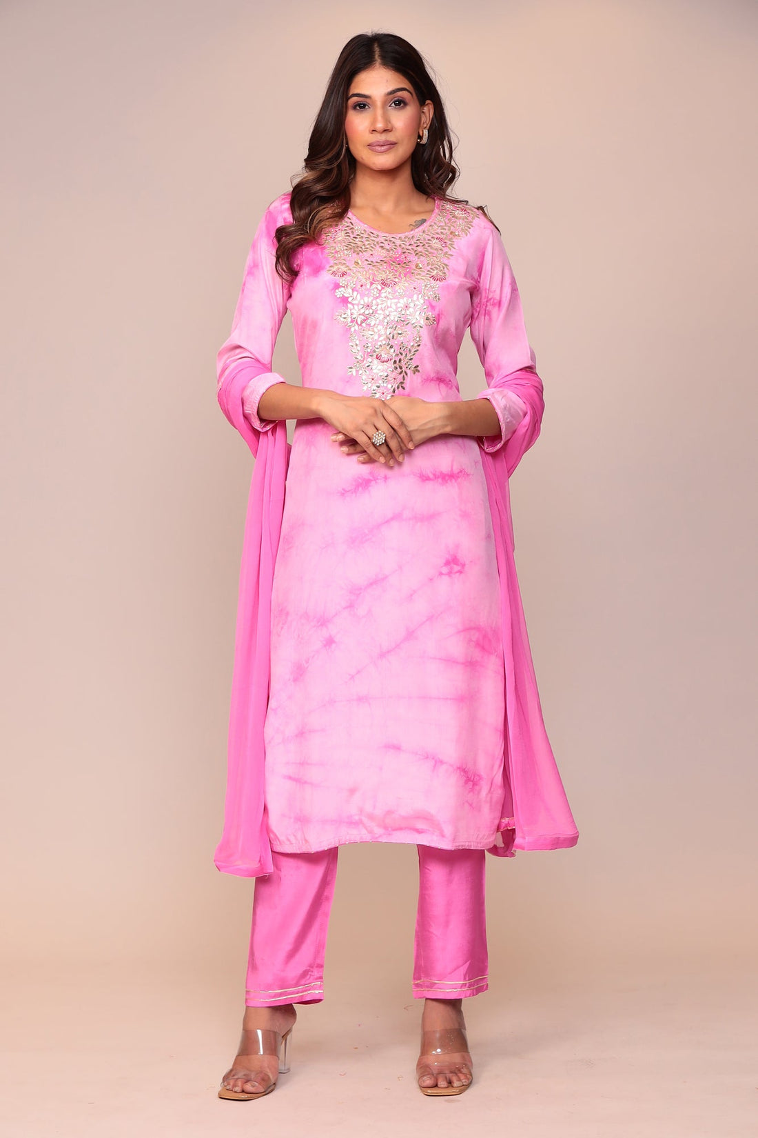 Tie & Dye Silk Suit with Gota Patti and Thread Work.