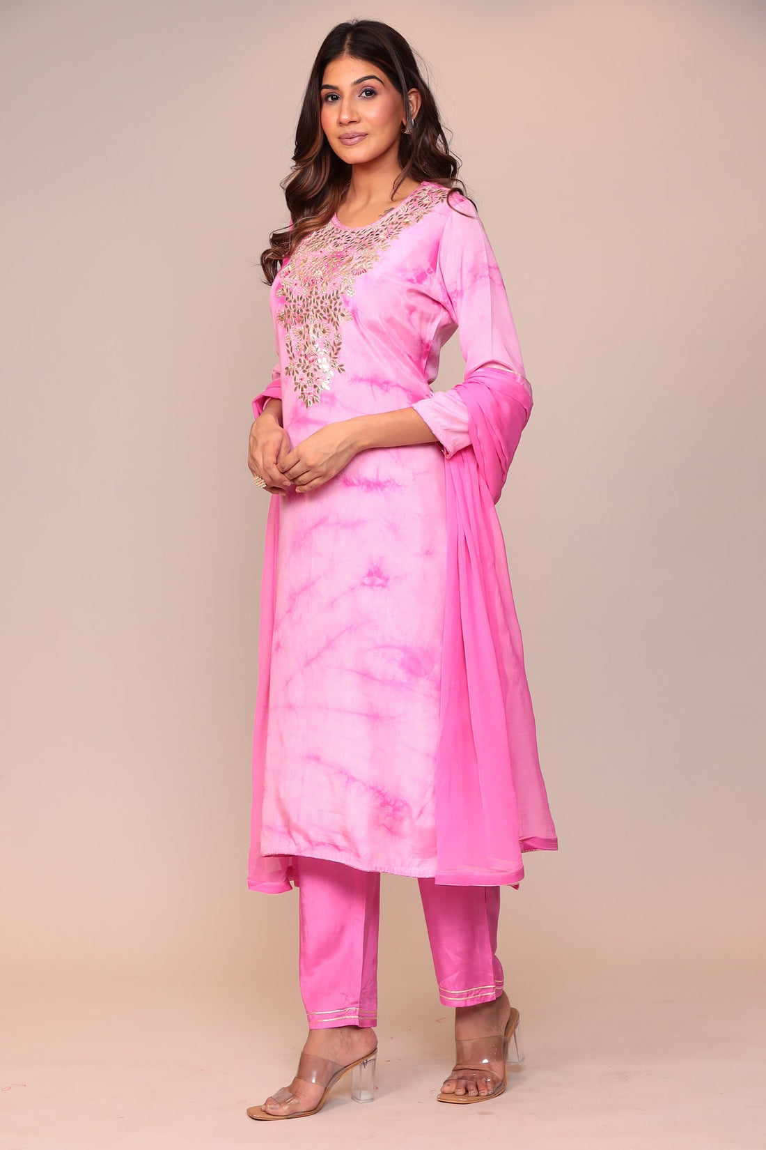 Tie & Dye Silk Suit with Gota Patti and Thread Work.