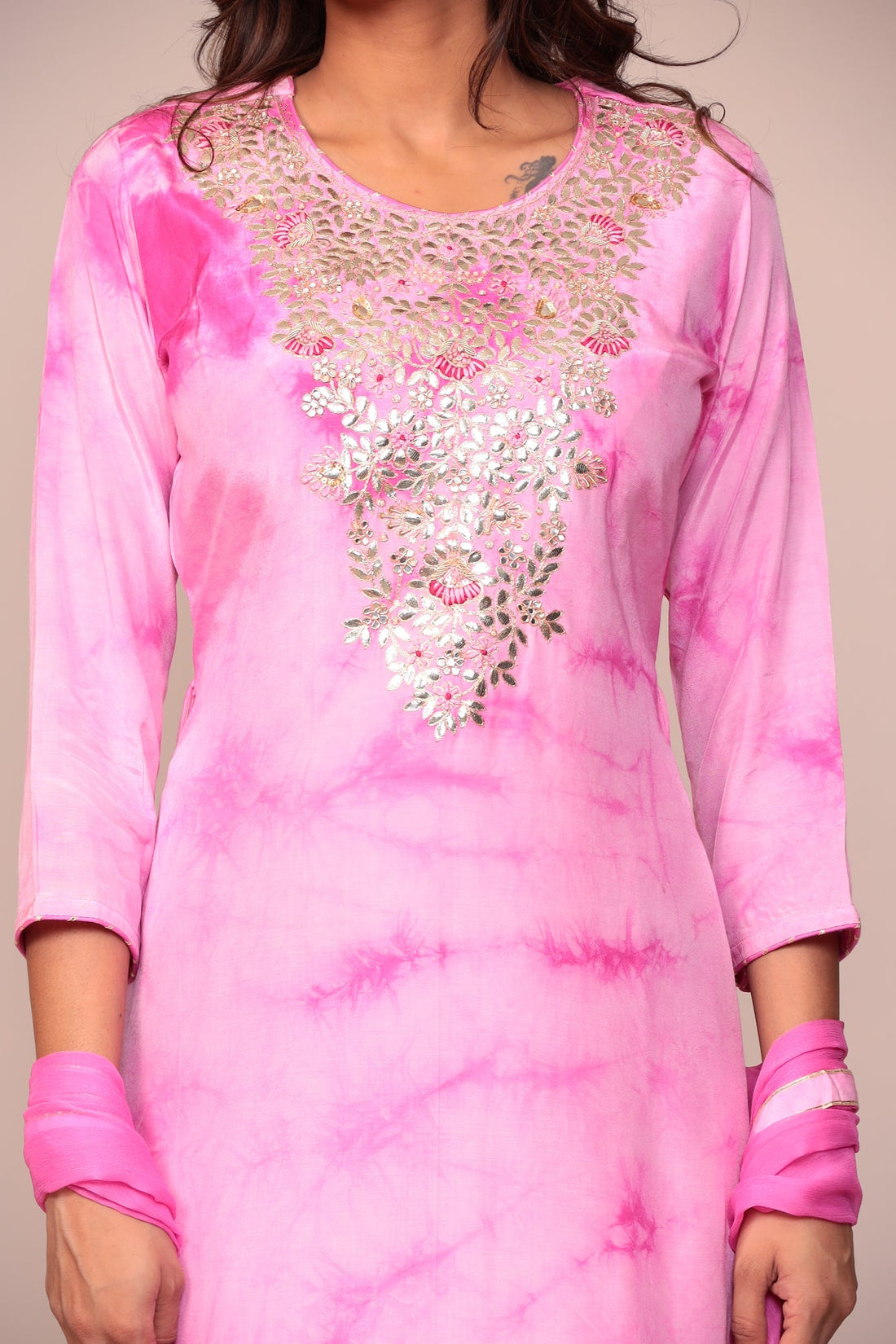 Tie & Dye Silk Suit with Gota Patti and Thread Work.