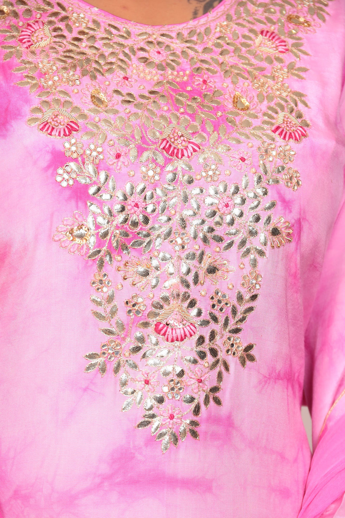 Tie & Dye Silk Suit with Gota Patti and Thread Work.