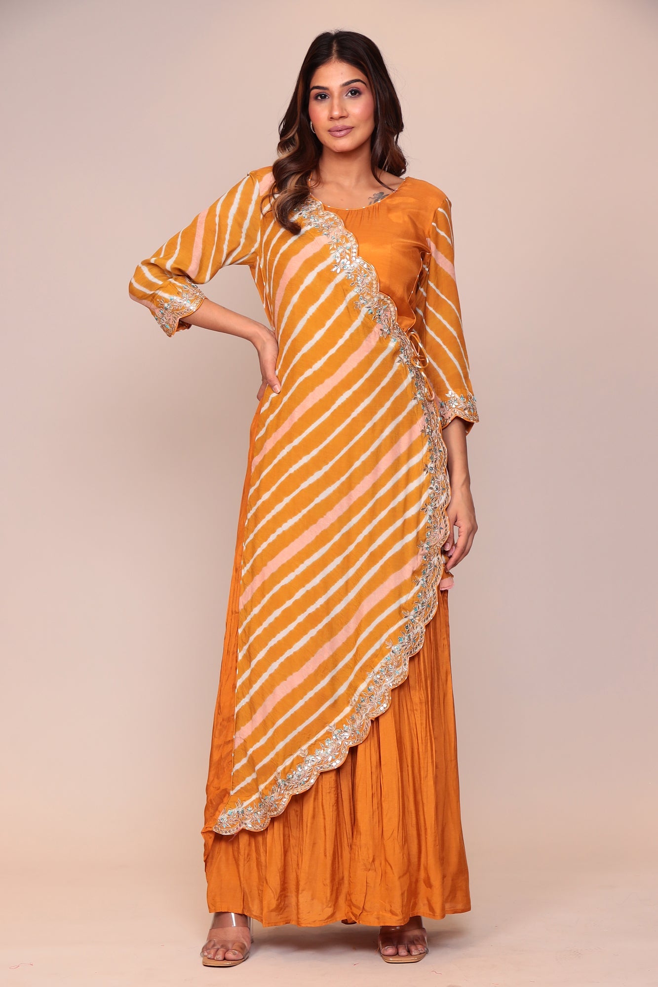 Leheriya Overlapping Style Cotton Silk Jump Suit with Gota Patti, Pearl and Thread work.