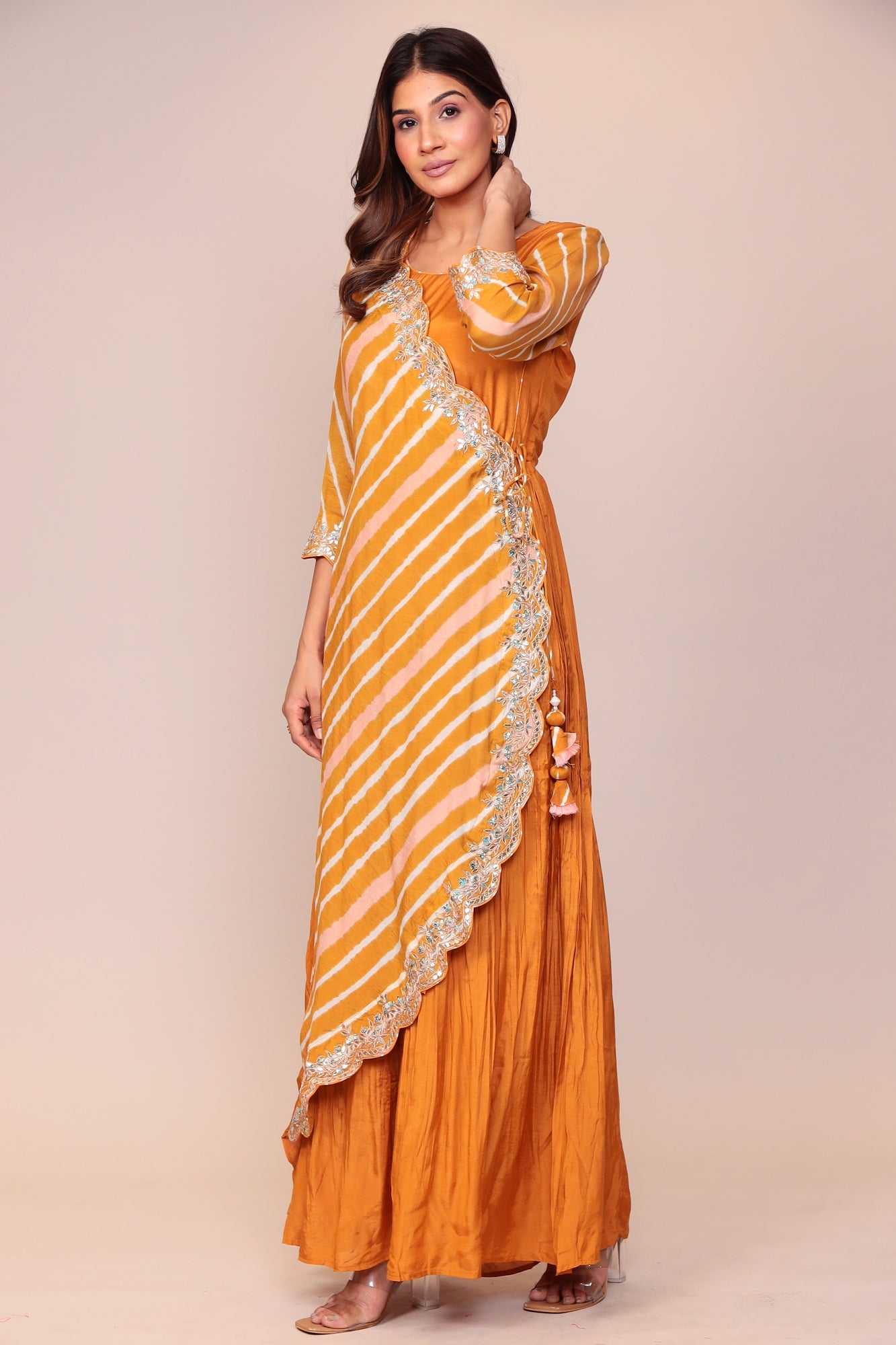 Leheriya Overlapping Style Cotton Silk Jump Suit with Gota Patti, Pearl and Thread work.