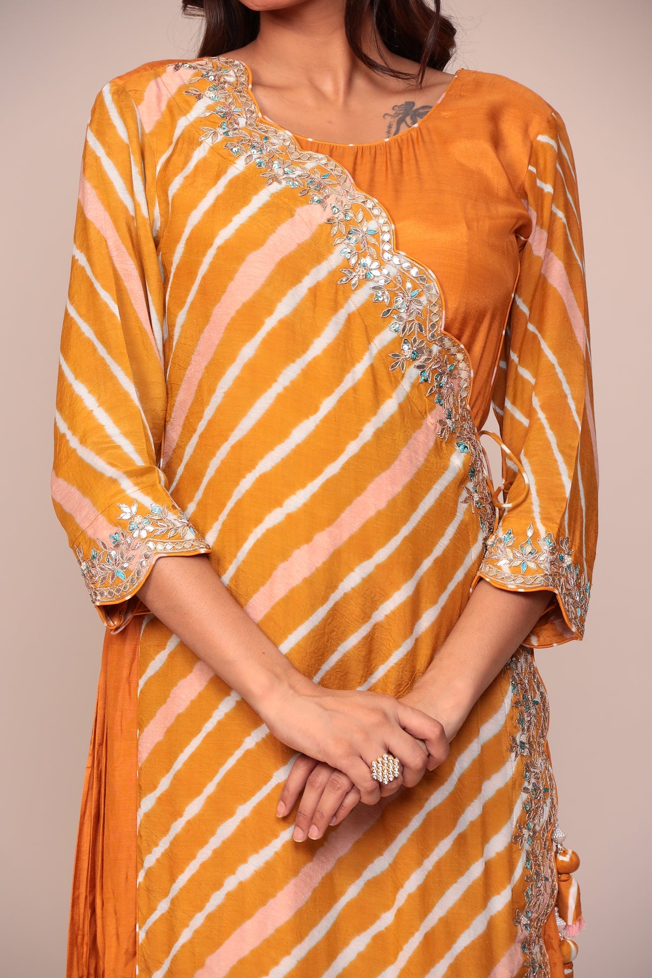 Leheriya Overlapping Style Cotton Silk Jump Suit with Gota Patti, Pearl and Thread work.