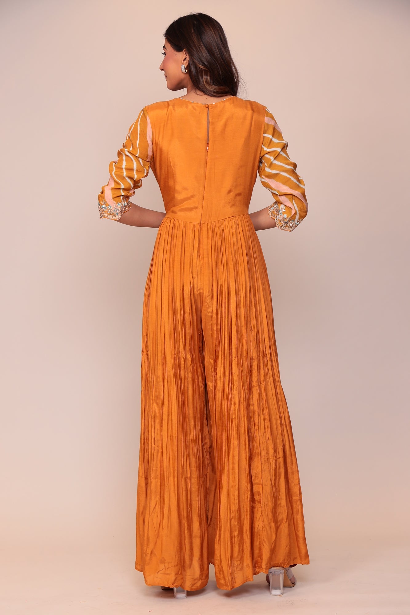 Leheriya Overlapping Style Cotton Silk Jump Suit with Gota Patti, Pearl and Thread work.