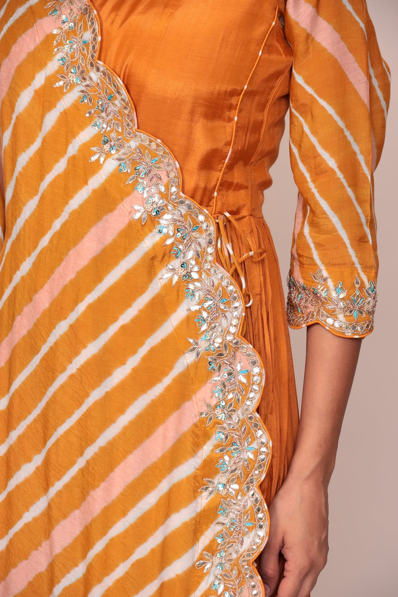 Leheriya Overlapping Style Cotton Silk Jump Suit with Gota Patti, Pearl and Thread work.