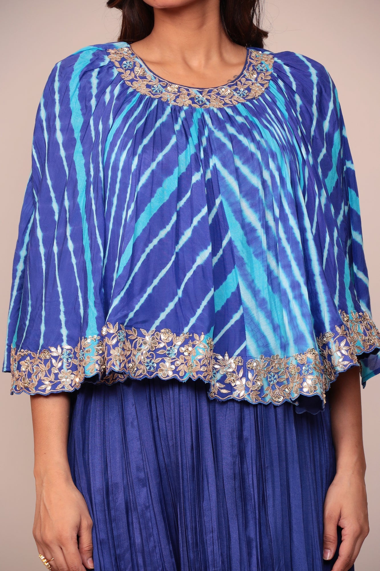 Leheriya Cotton Silk Jump Suit with Gota Patti and Thread Work.