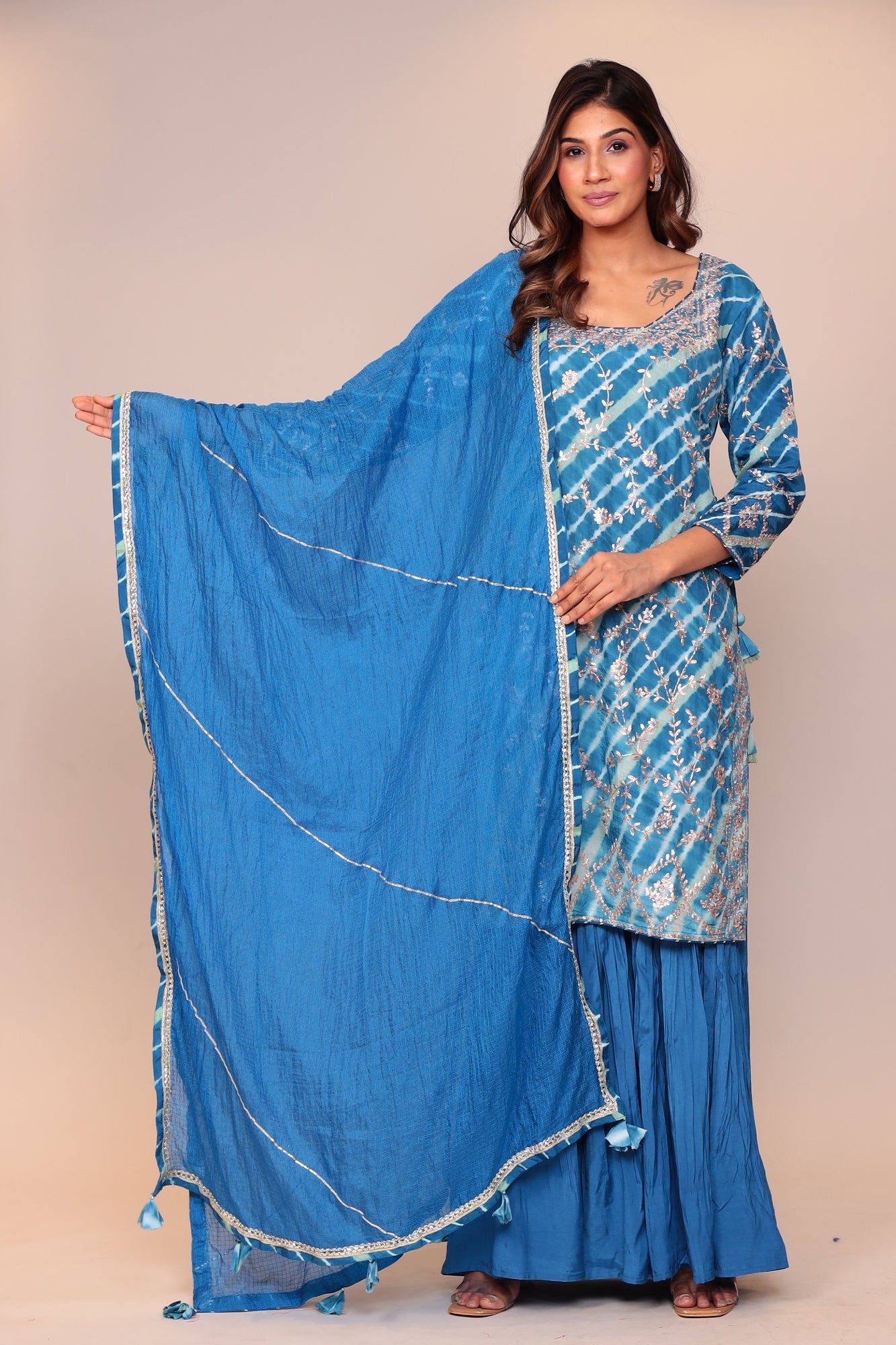 Straight Leheriya Silk Sharara Suit with Pittan Work