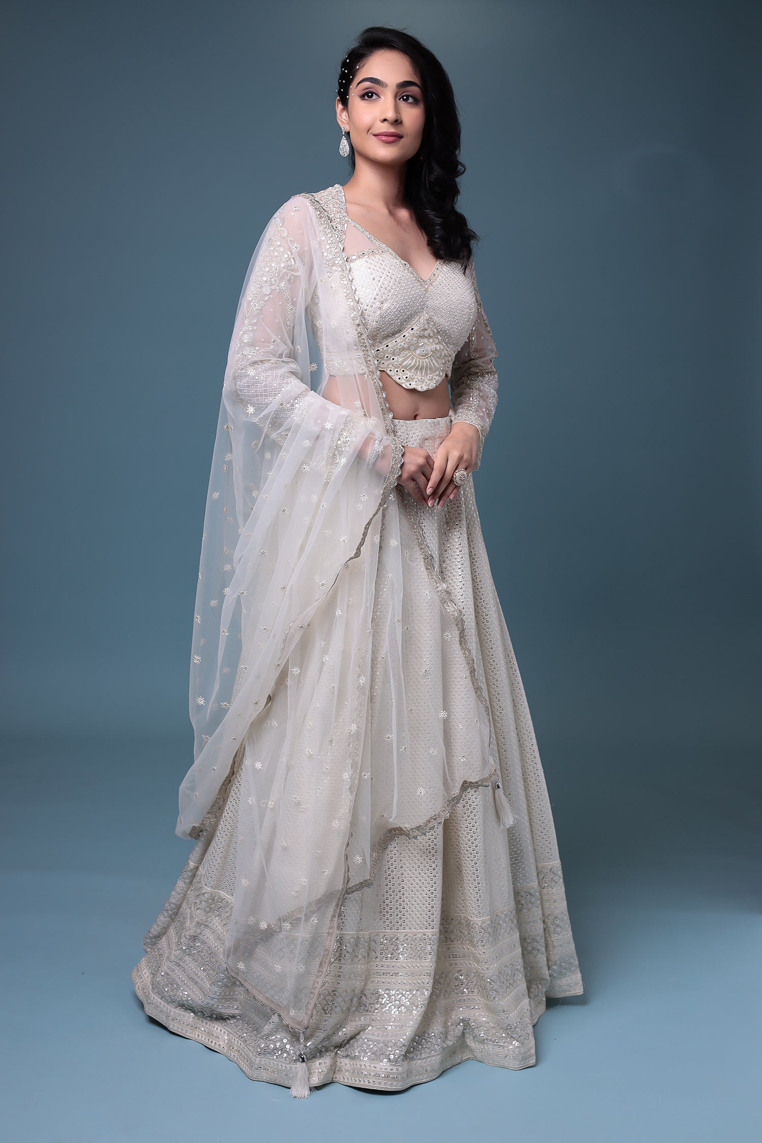 Embroidered Chiffon Lehenga with Mirror and Sequins work.