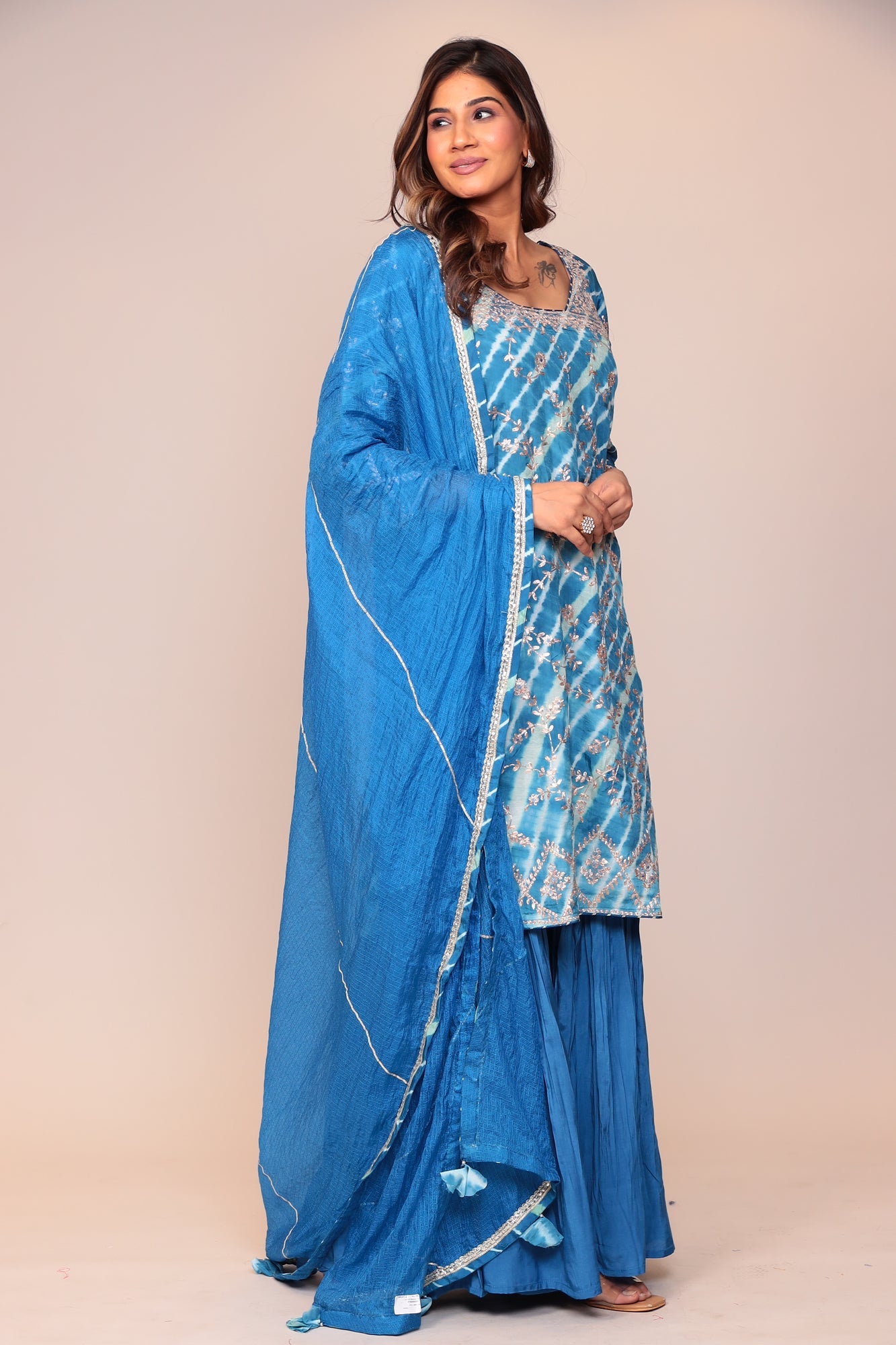 Straight Leheriya Silk Sharara Suit with Pittan Work