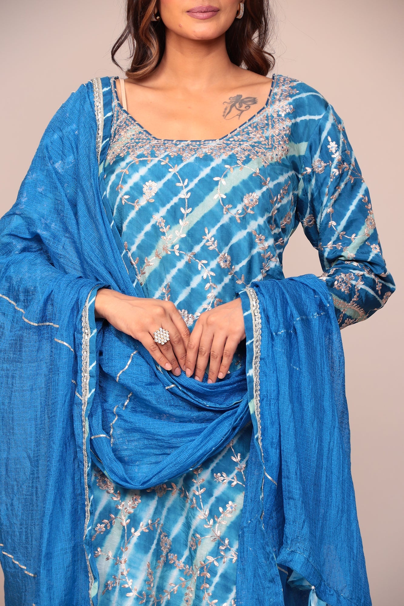Straight Leheriya Silk Sharara Suit with Pittan Work