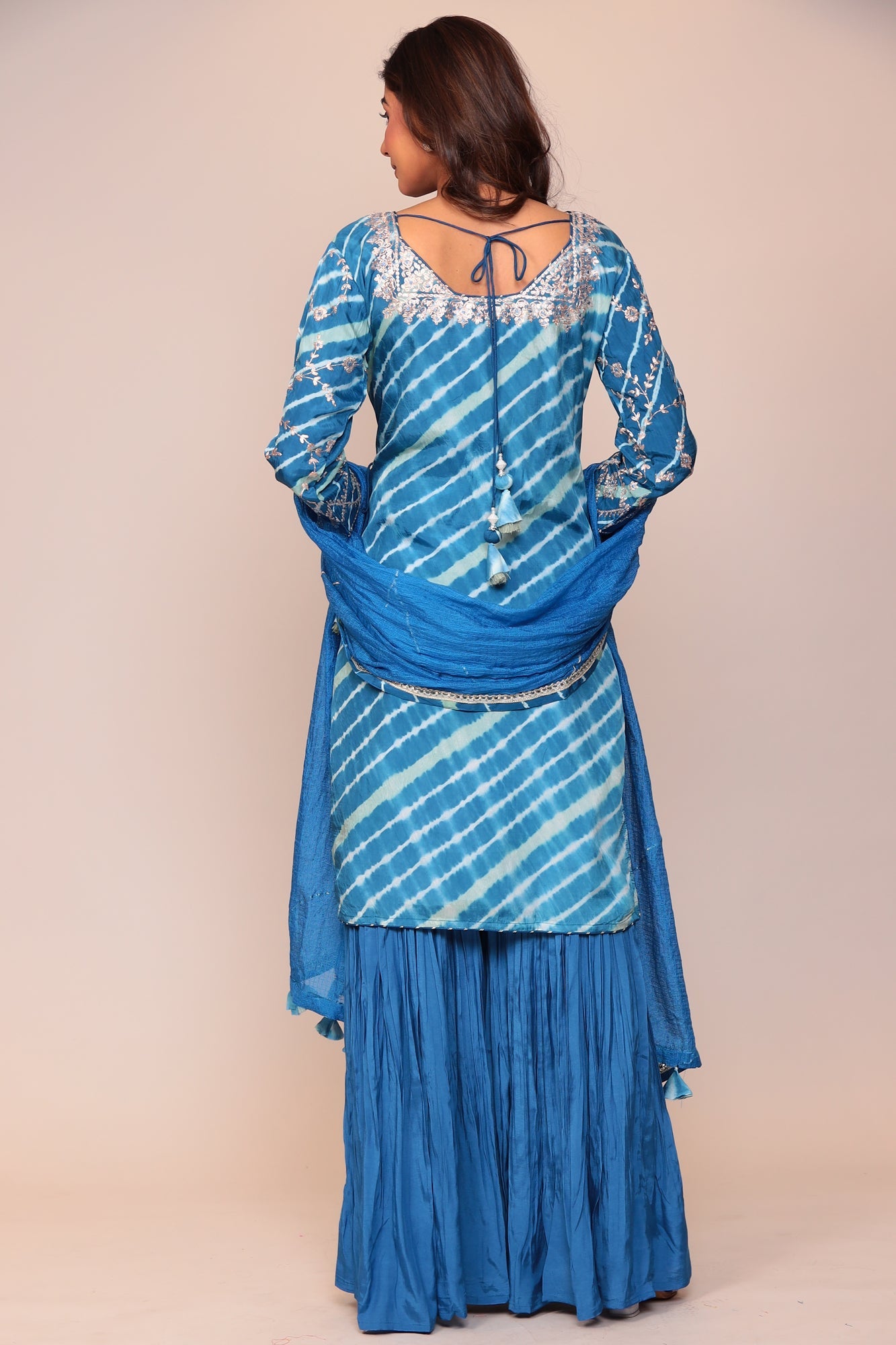 Straight Leheriya Silk Sharara Suit with Pittan Work