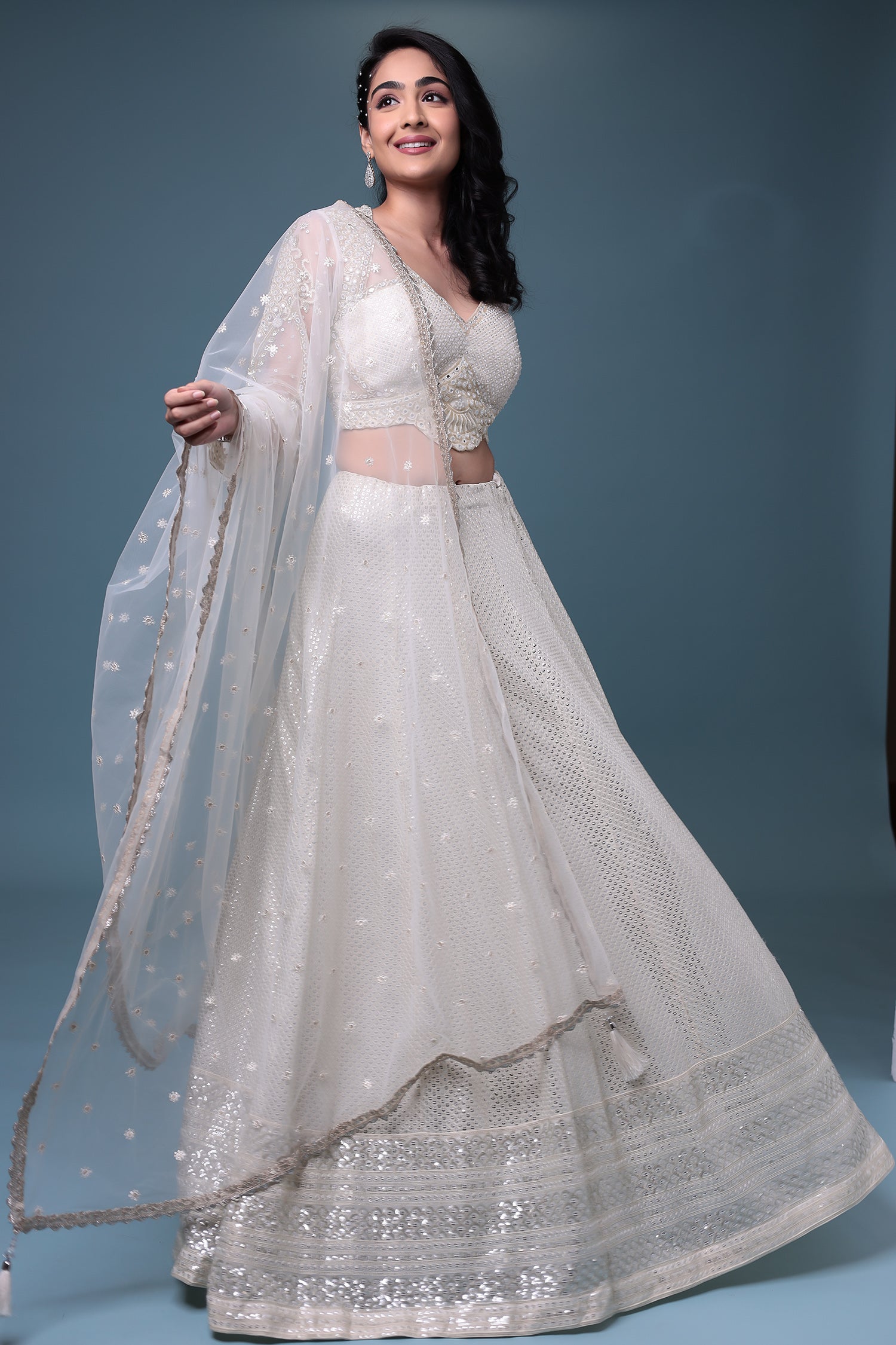 Embroidered Chiffon Lehenga with Mirror and Sequins work.