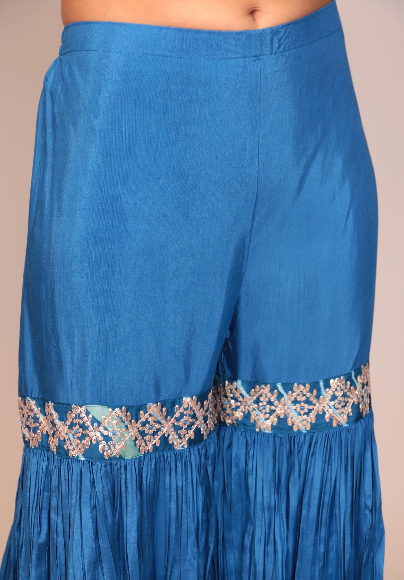 Straight Leheriya Silk Sharara Suit with Pittan Work