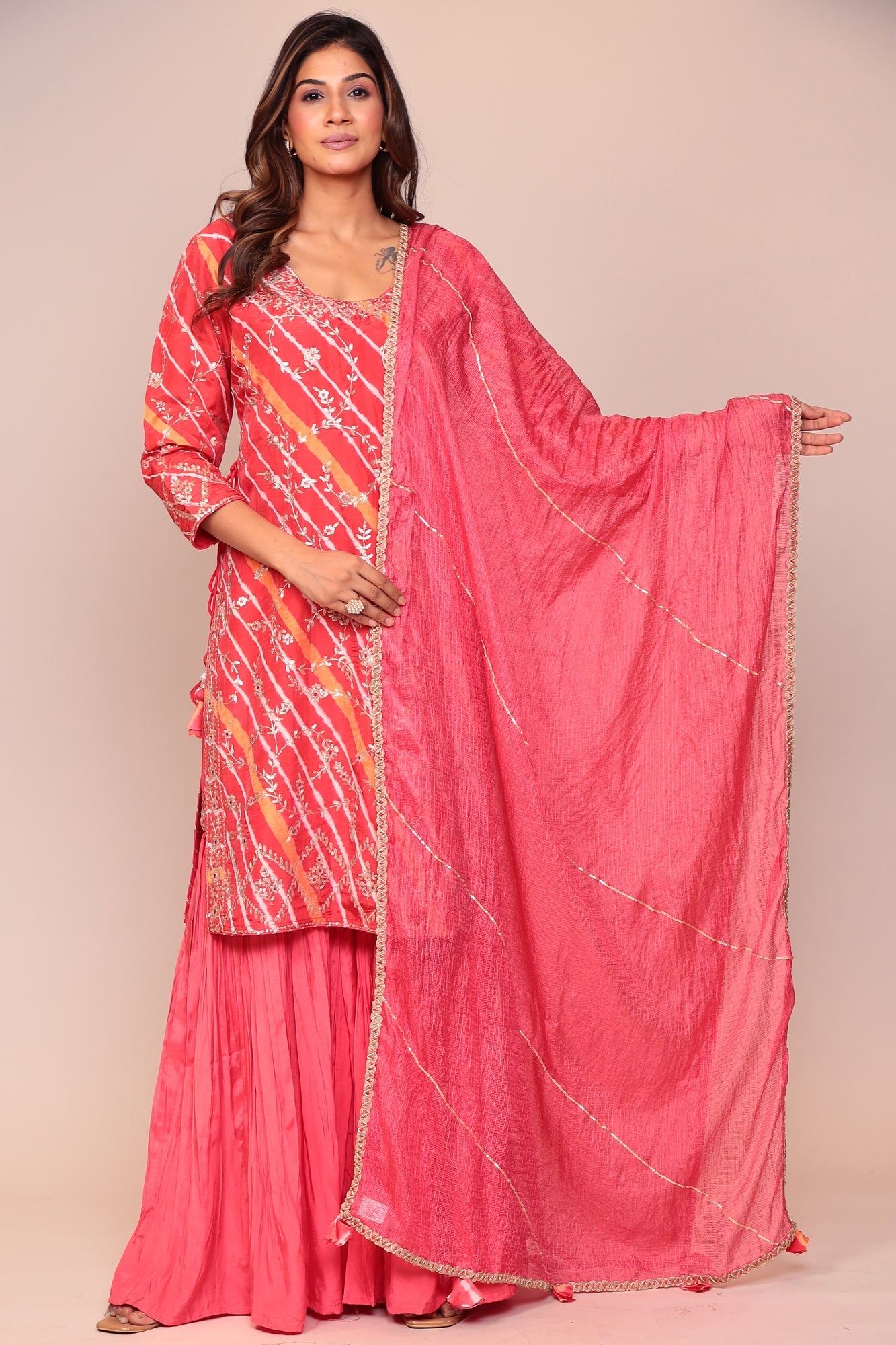 Straight Leheriya Silk Sharara Suit with Pittan Work