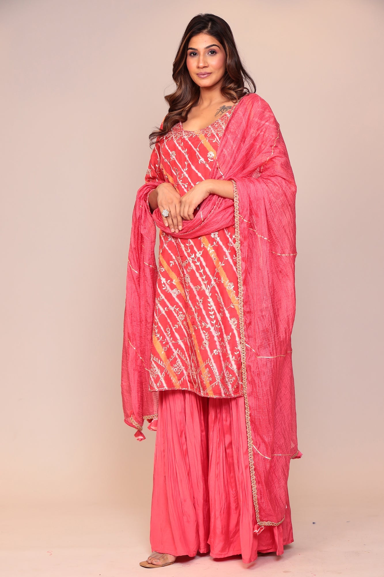 Straight Leheriya Silk Sharara Suit with Pittan Work
