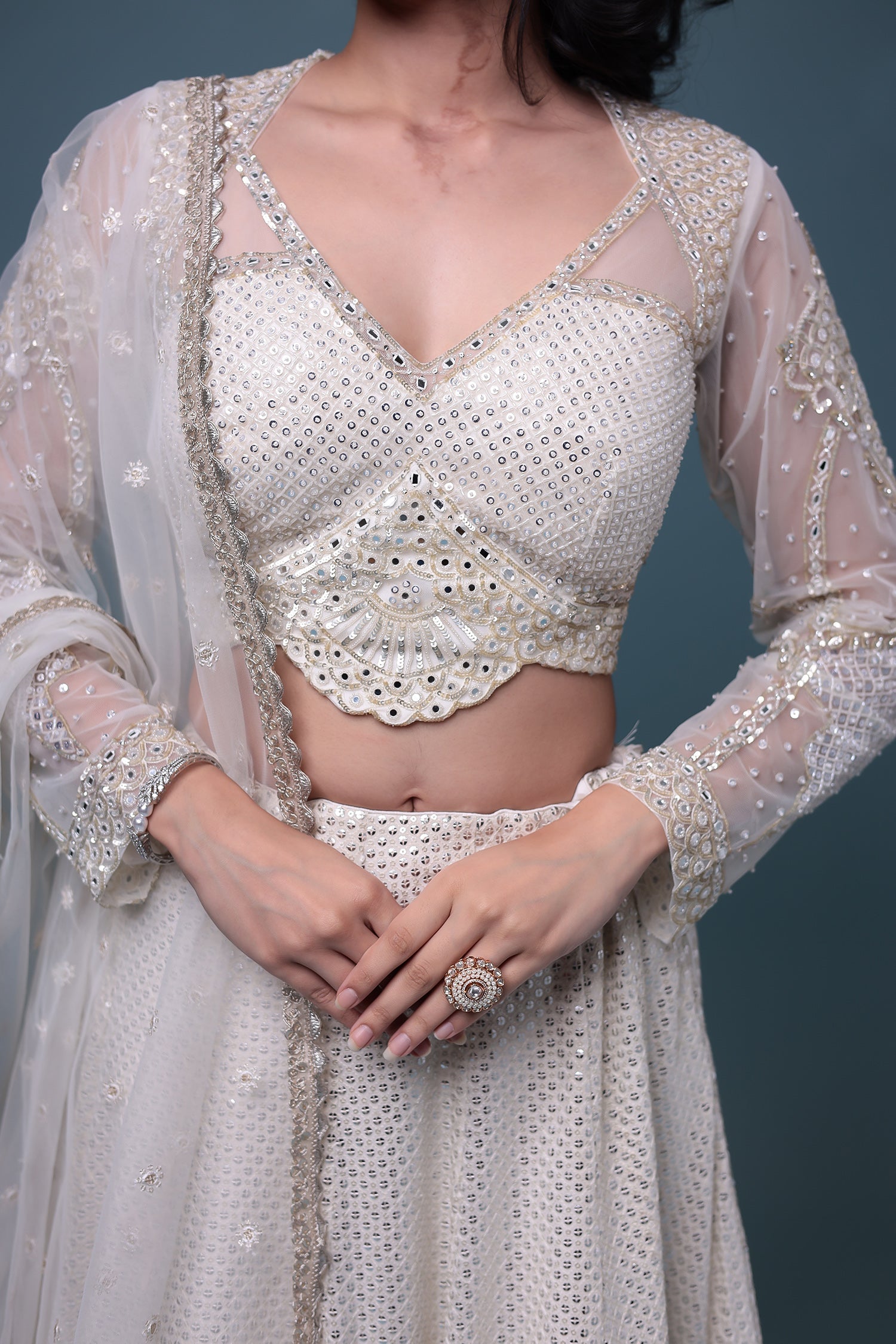 Embroidered Chiffon Lehenga with Mirror and Sequins work.