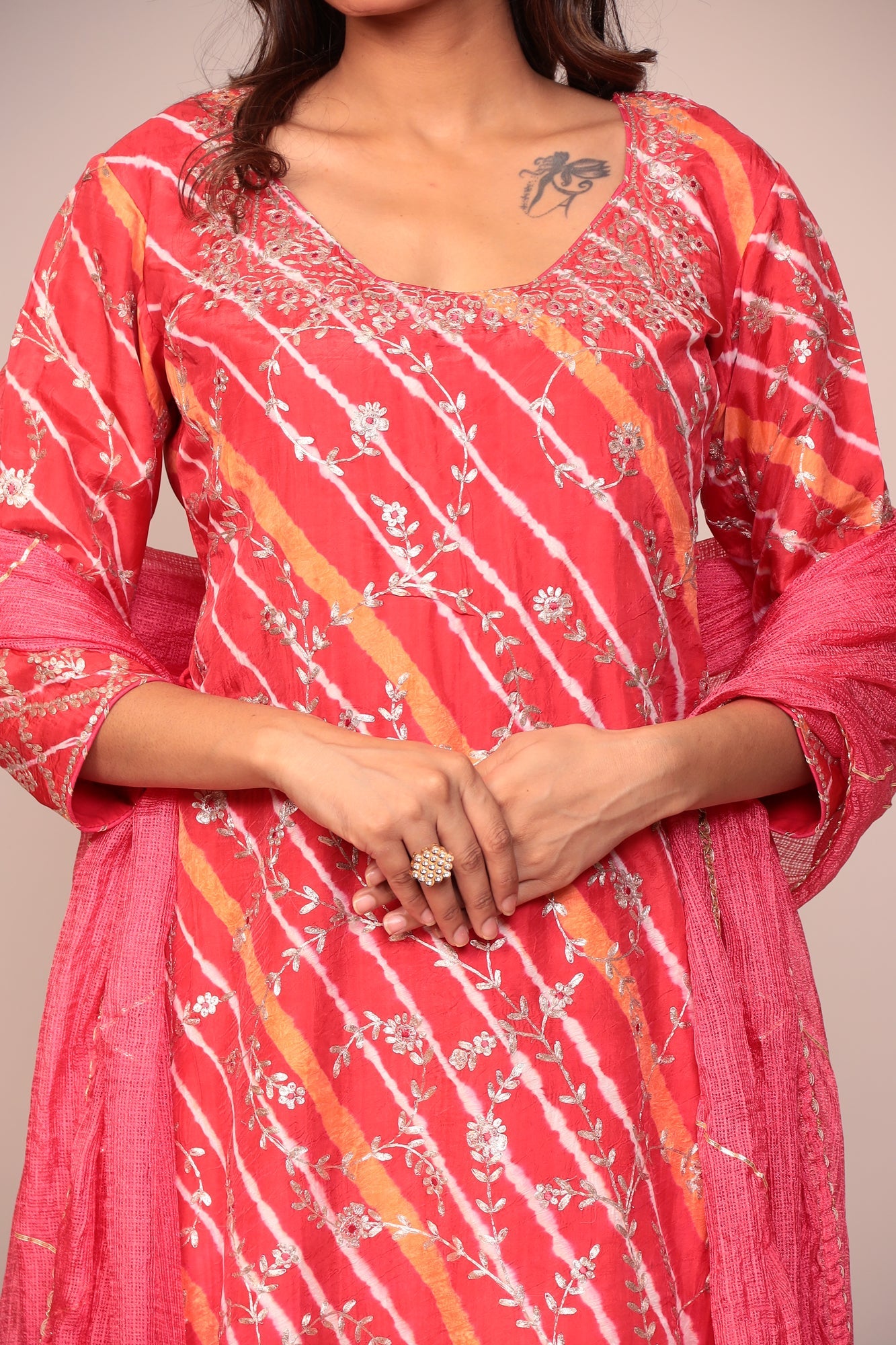 Straight Leheriya Silk Sharara Suit with Pittan Work