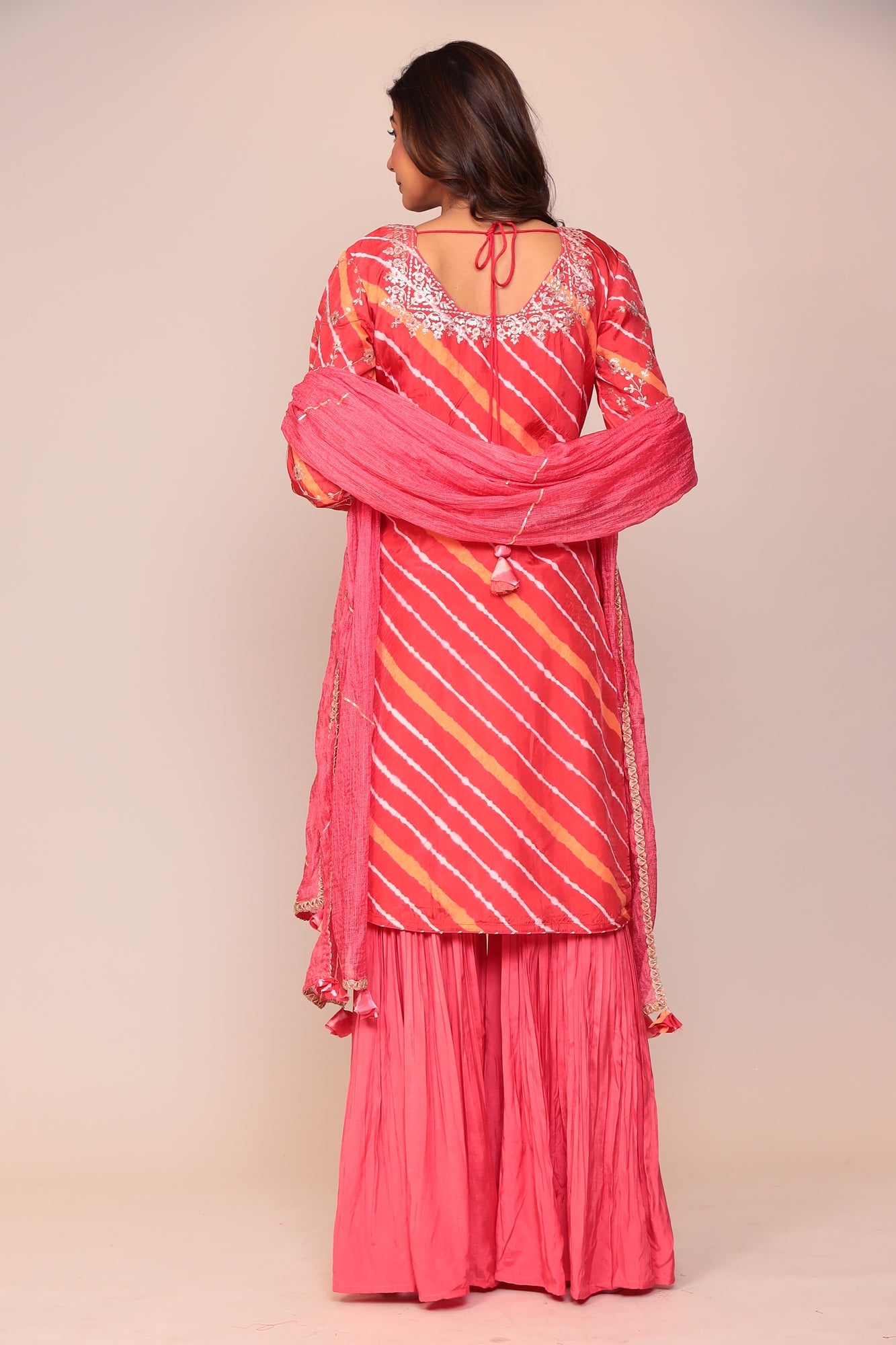 Straight Leheriya Silk Sharara Suit with Pittan Work