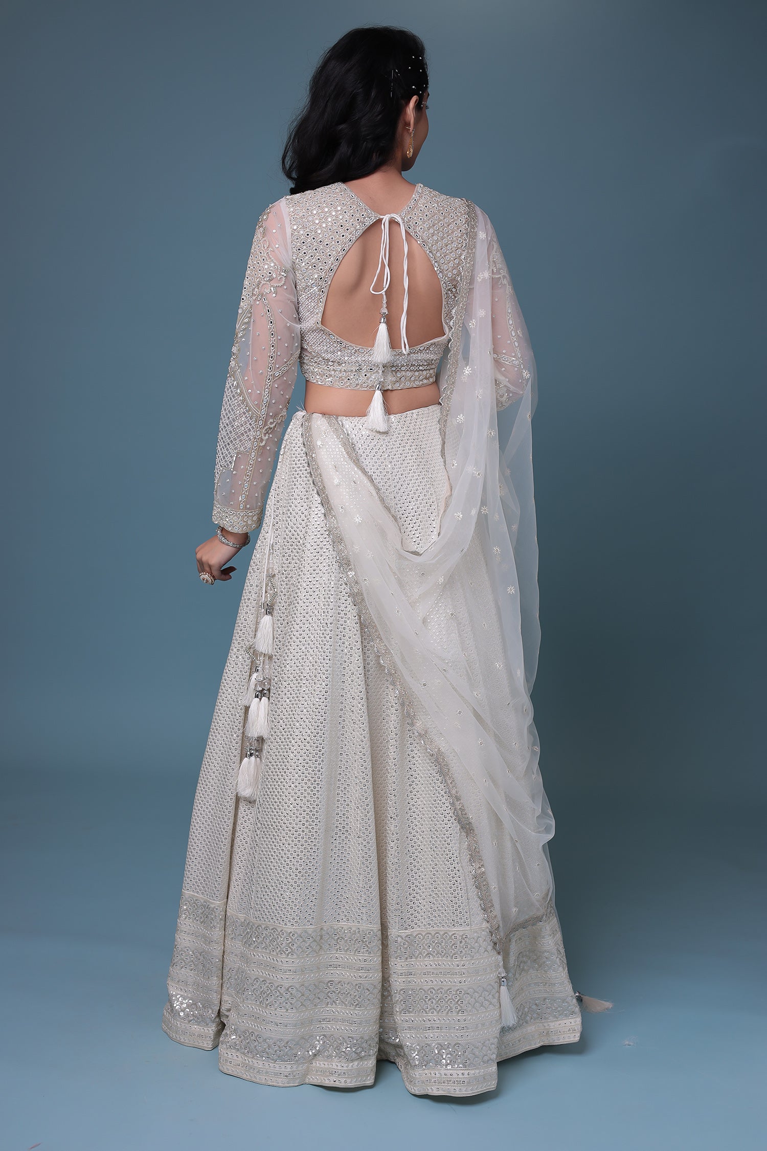 Embroidered Chiffon Lehenga with Mirror and Sequins work.