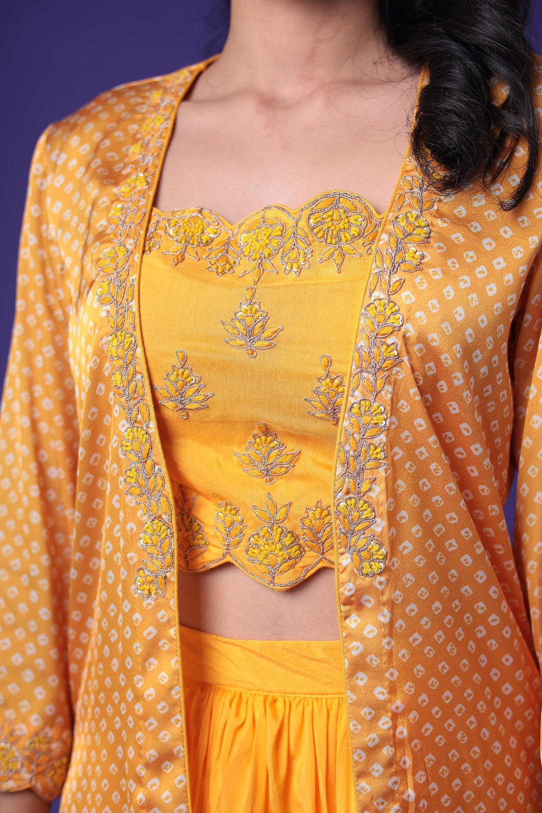 Bandhej Silk Jacket Style Indowestern with Dori and Embroidery